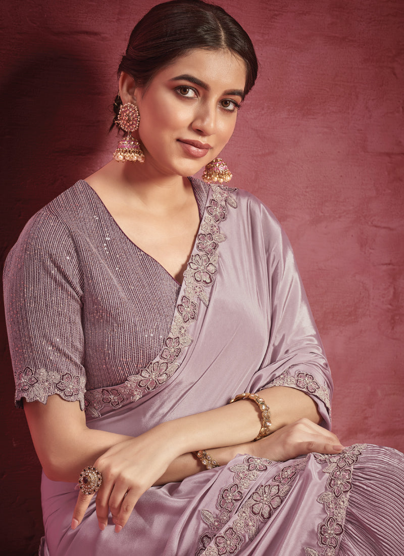 Lavender Purple Embellished Crepe Silk Saree