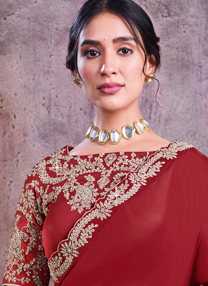 Deep Red Embroidered Satin Silk Saree