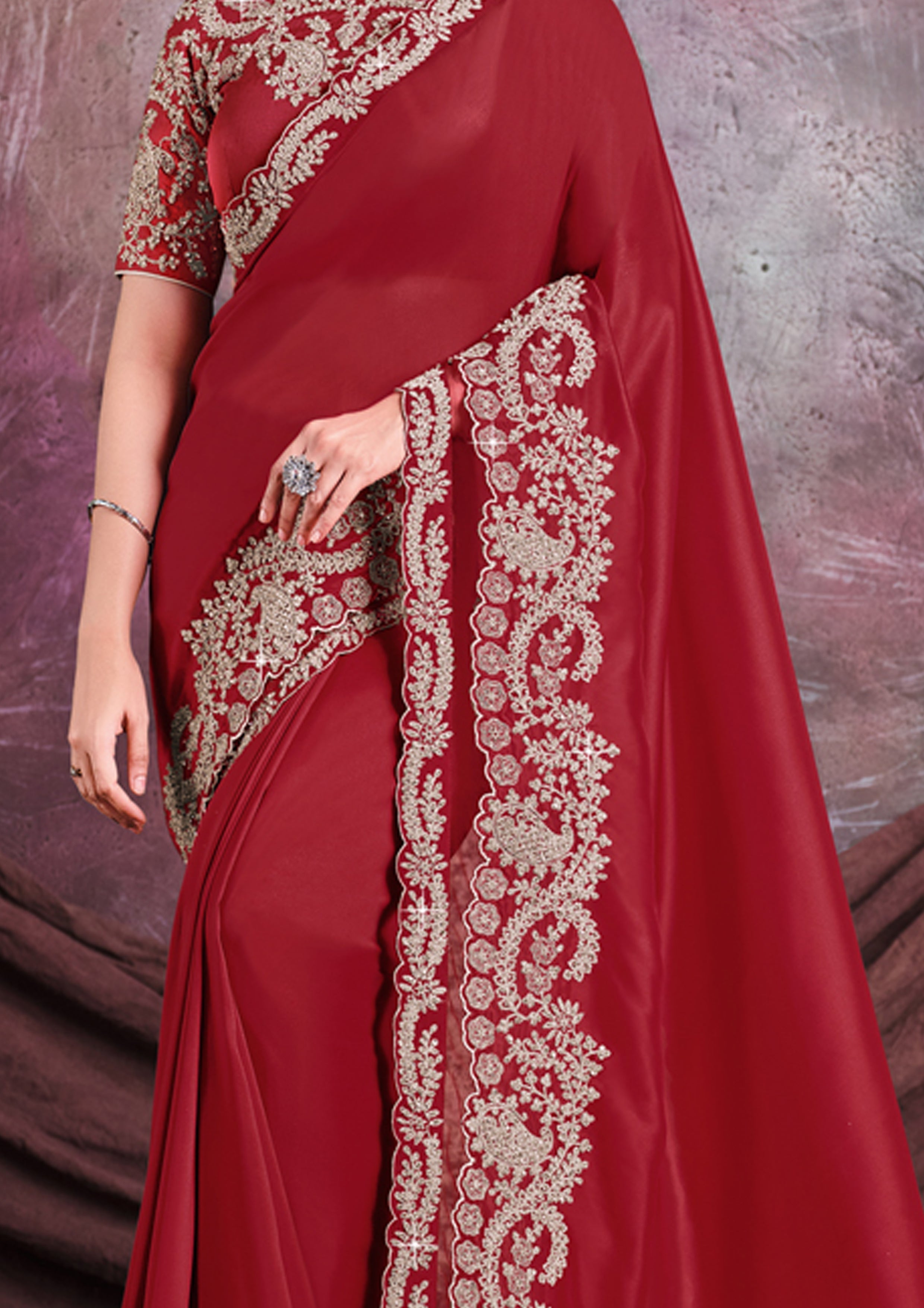 Deep Red Embroidered Satin Silk Saree