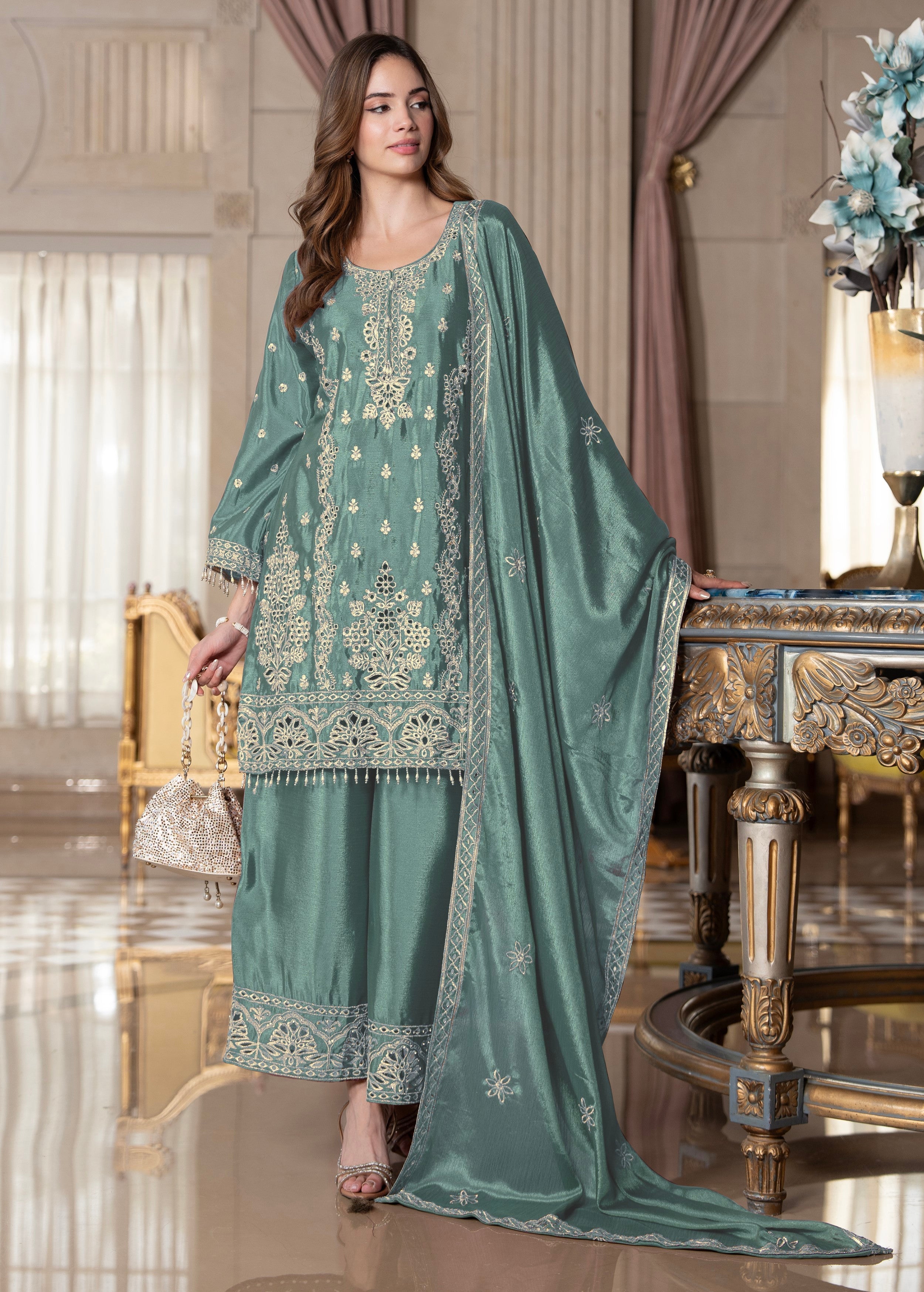 Teal Blue Embellished Chinon Silk Palazzo Set