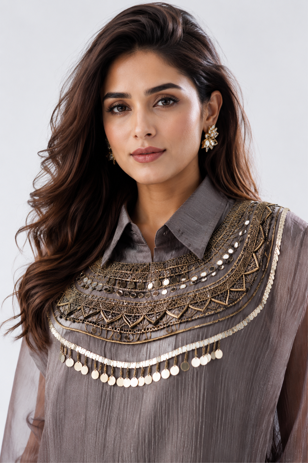 Grey Elegance Embellished Tissue Silk Co-Ord Set
