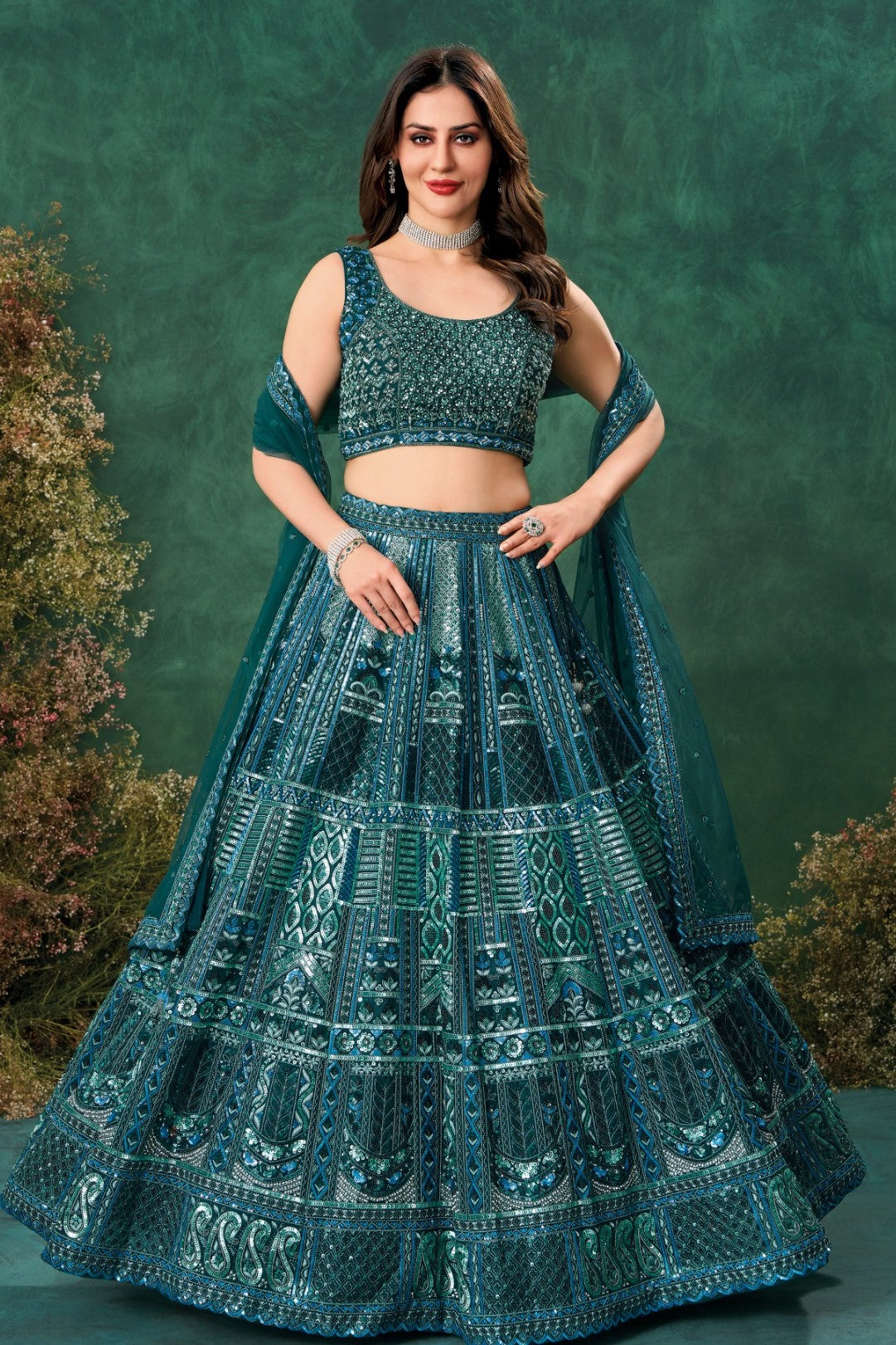 Dark Green Net Lehenga Set