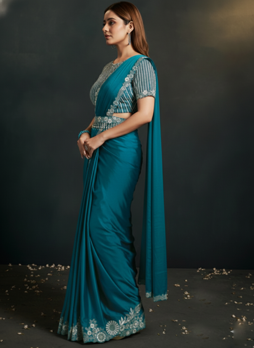 Teal Blue Embroidered Crepe Satin Silk Saree