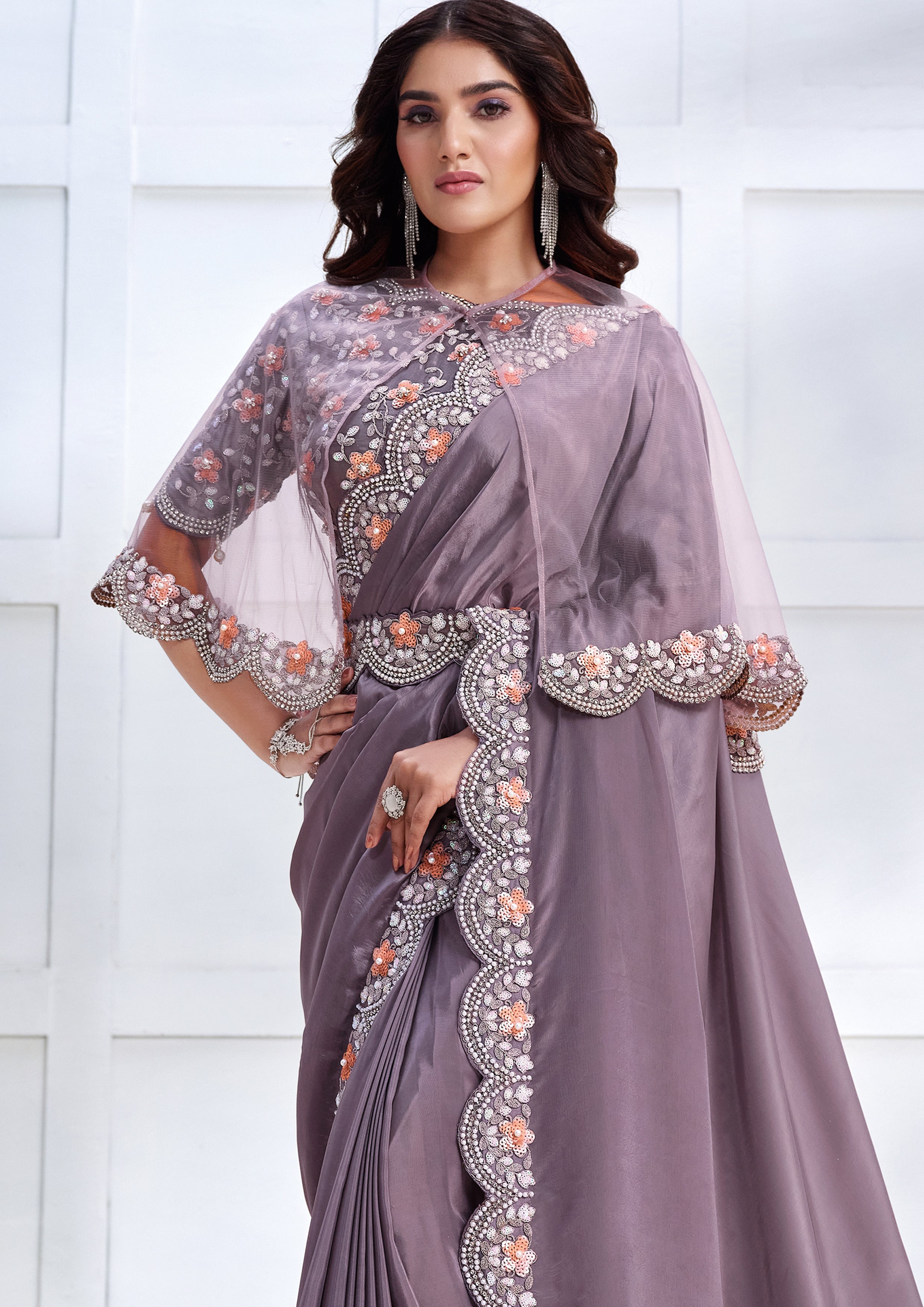 Wisteria Embellished Crepe Satin Silk Saree