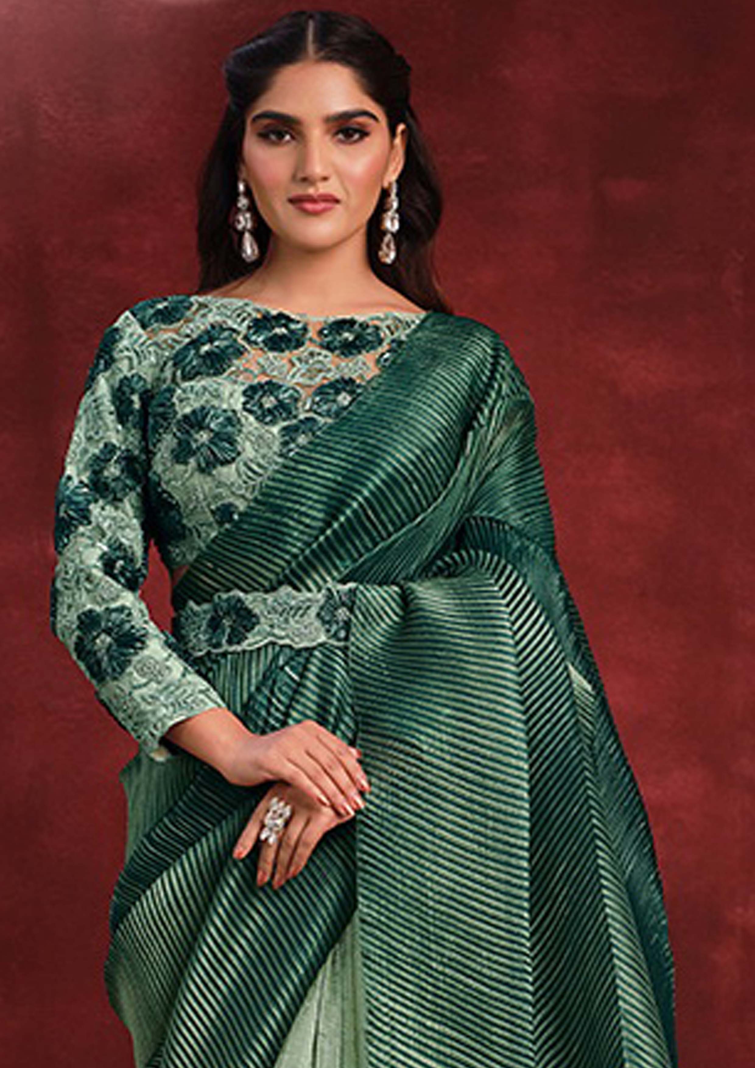 Emerald Banarasi Embellished Crushed Silk Saree