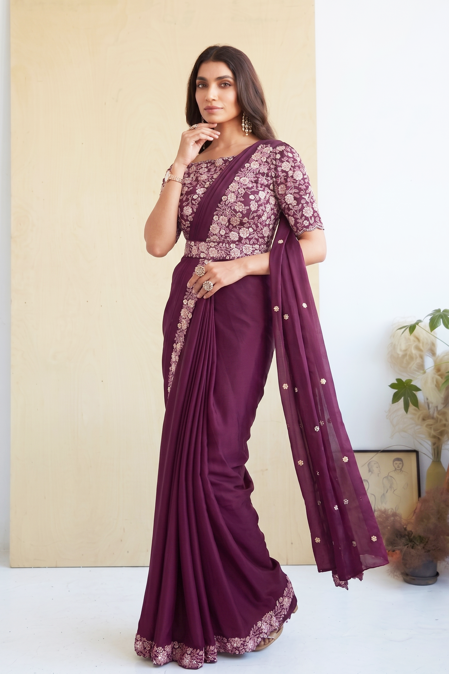 Wine Purple Embellished Crepe Satin Silk Saree