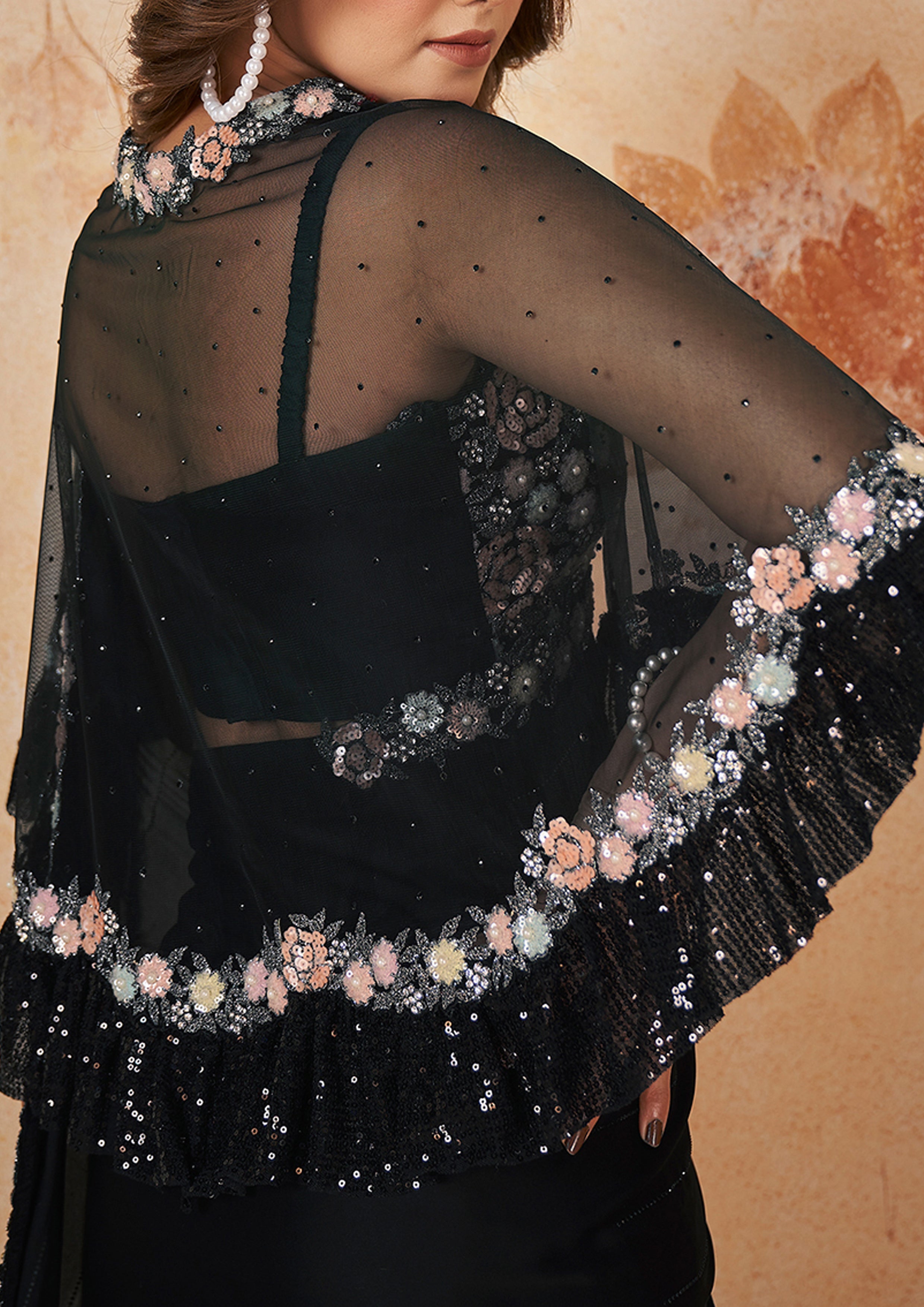 Onyx Black Embellished Crepe Satin Silk Saree
