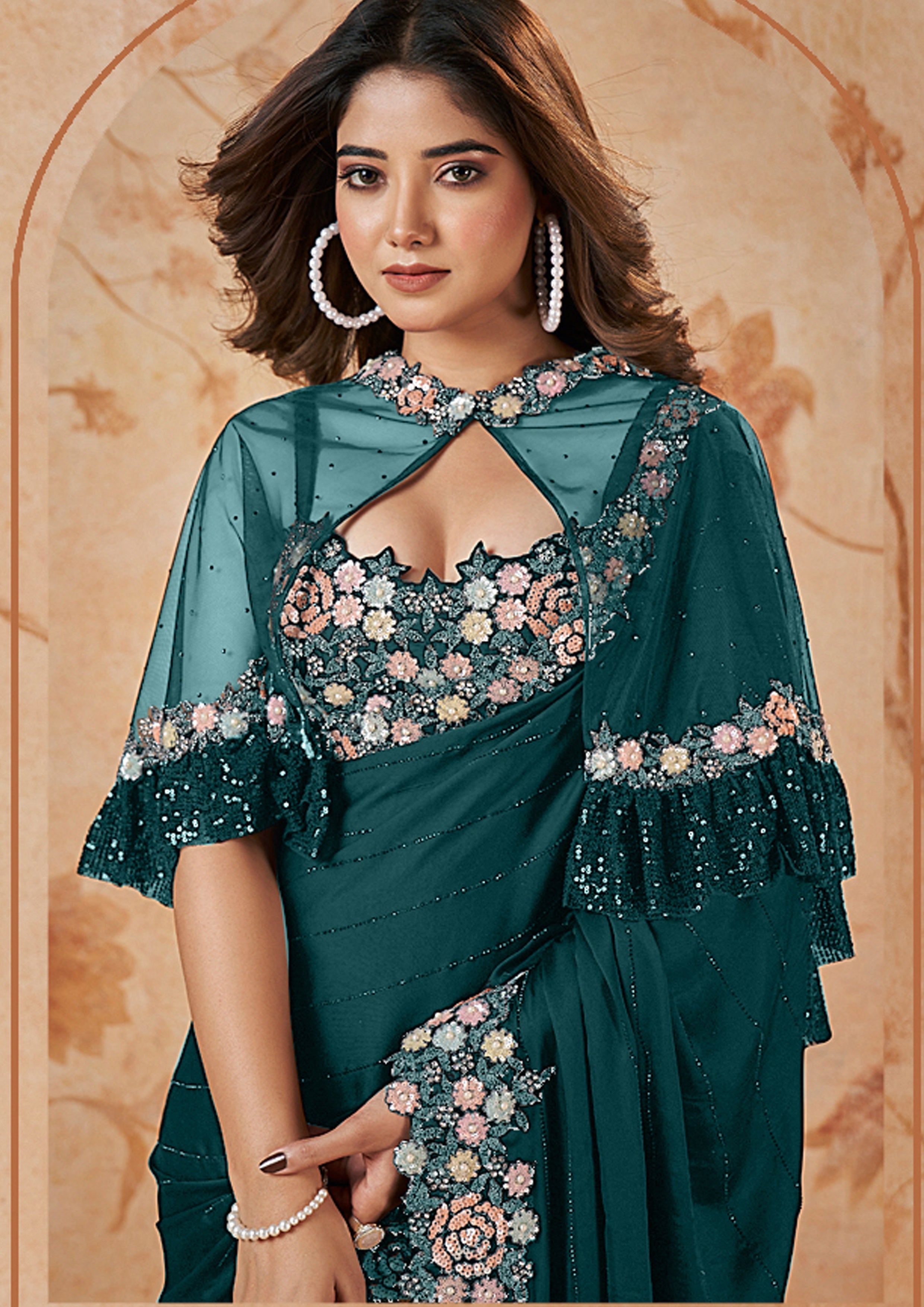 Peacock Blue Embellished Crepe Satin Silk Saree