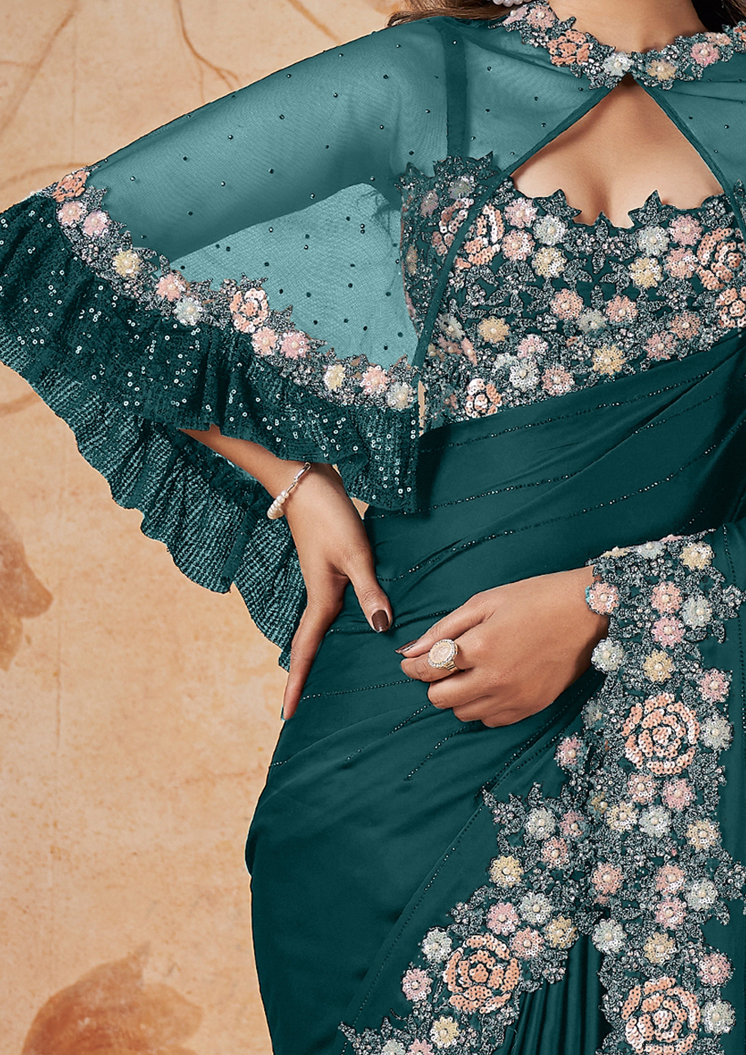 Peacock Blue Embellished Crepe Satin Silk Saree