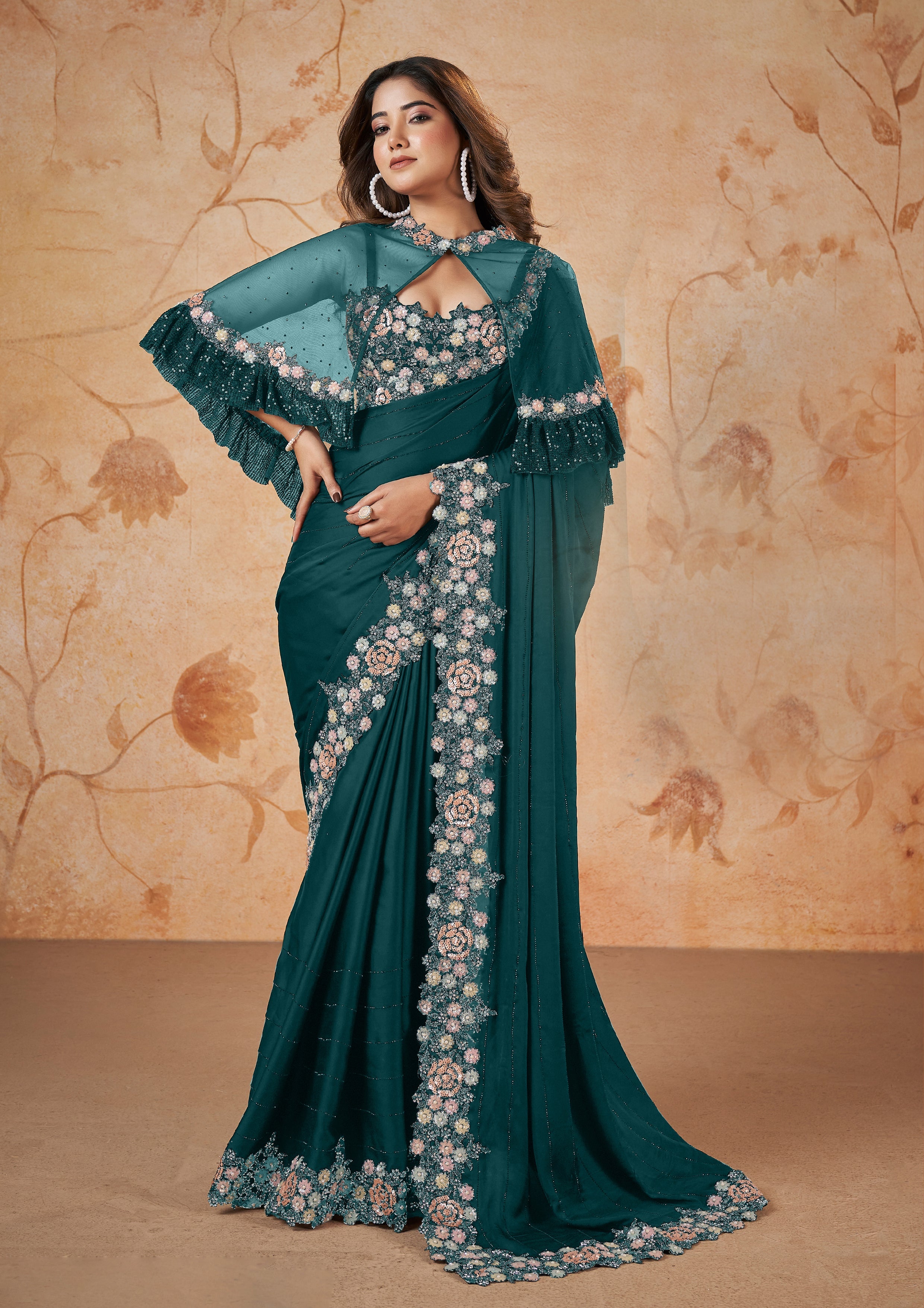 Peacock Blue Embellished Crepe Satin Silk Saree