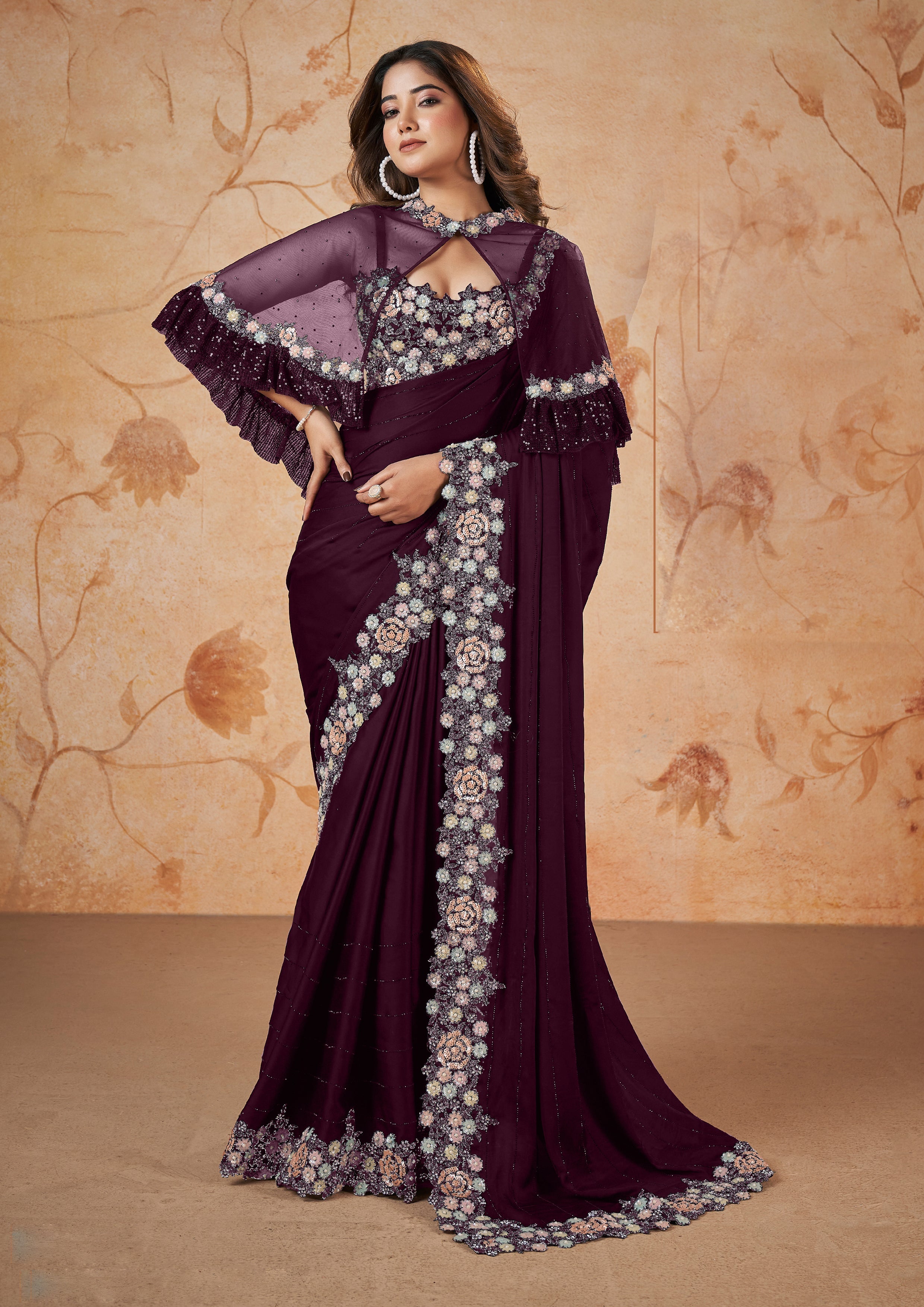 Deep Blackberry Embellished Crepe Satin Silk Saree