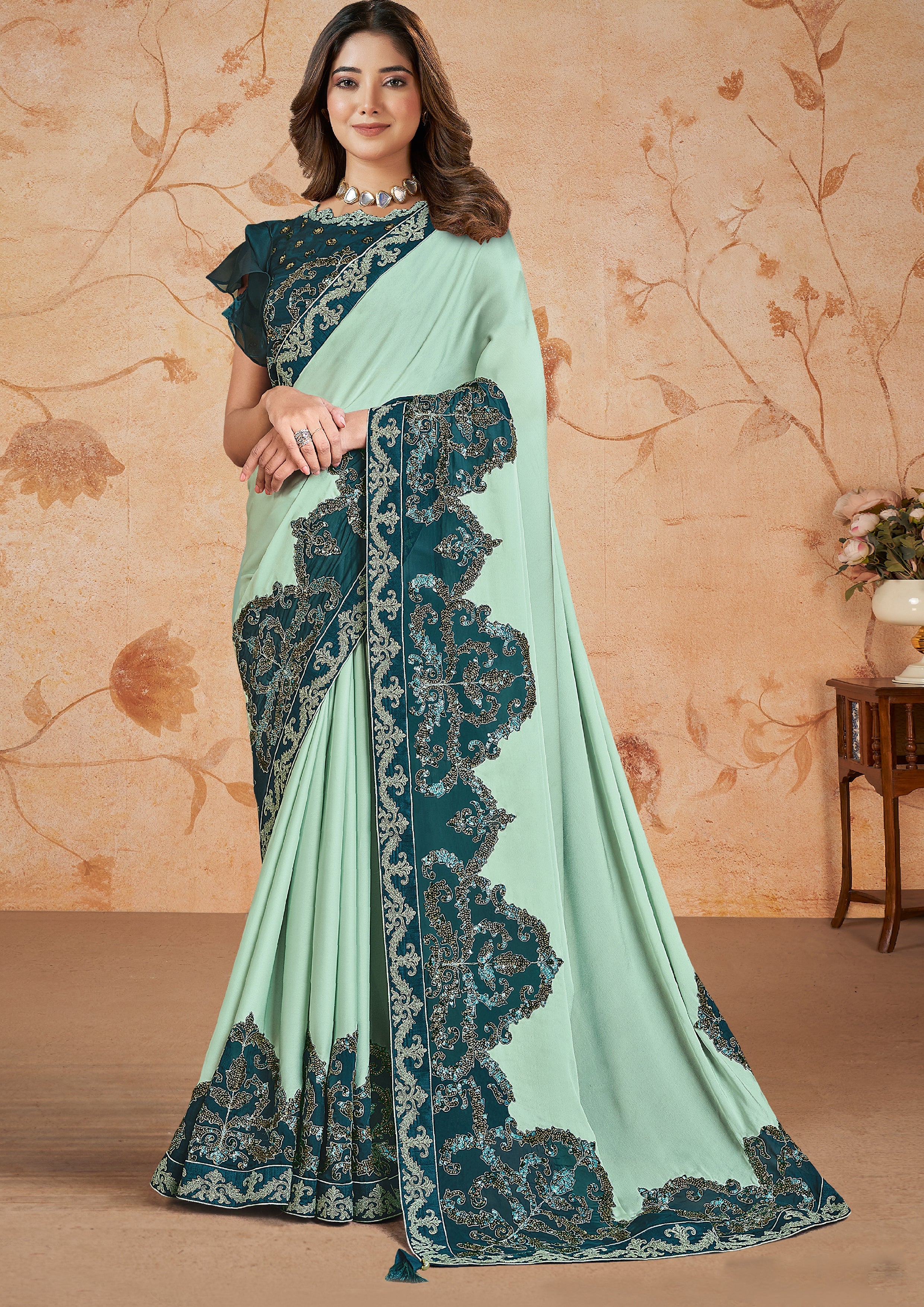 Seafoam Embroidered Georgette Silk Saree