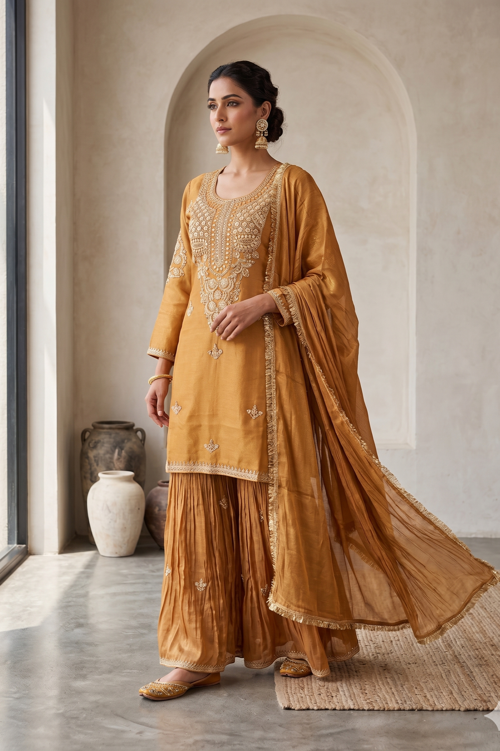 Mustard Gold Embellished Tissue Silk Sharara Set