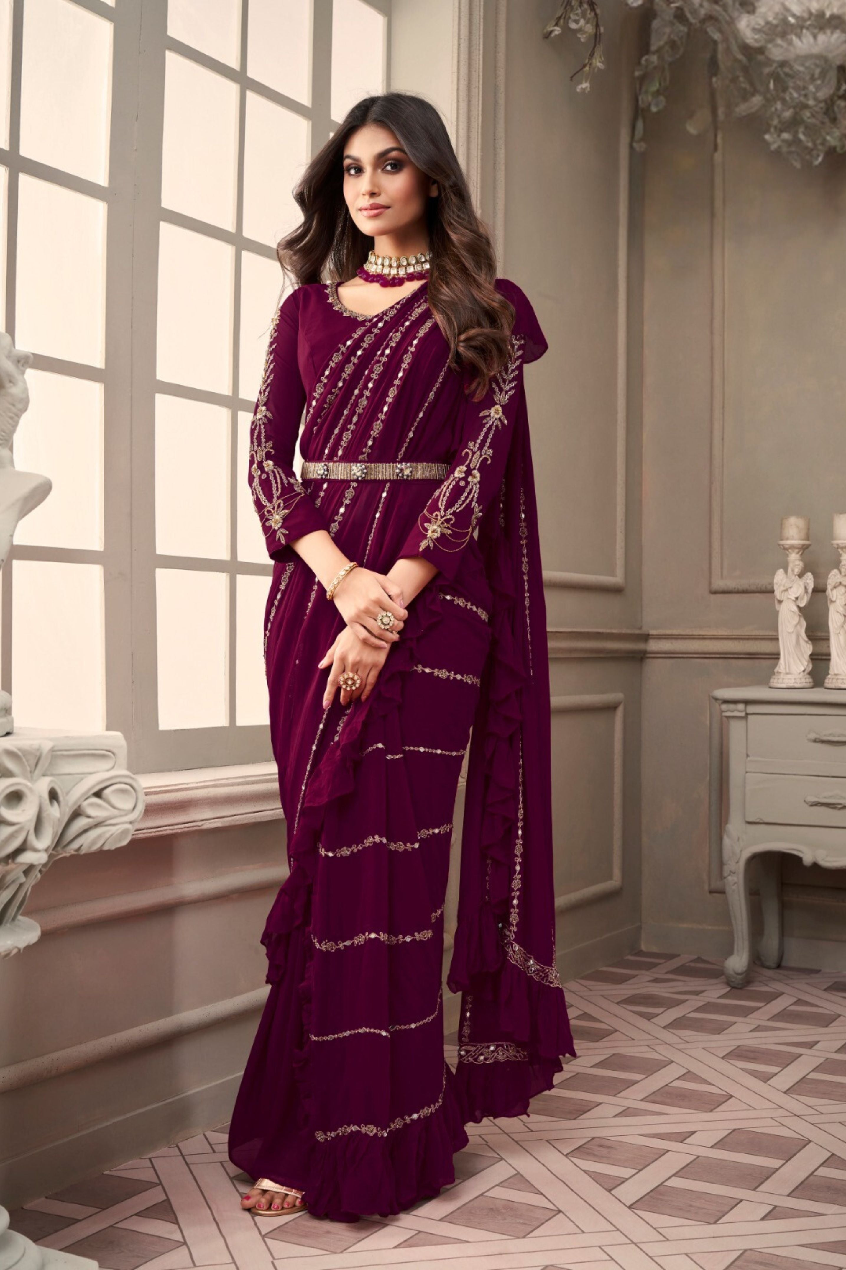 Wine Embellished Swiss Georgette Silk Draped Saree