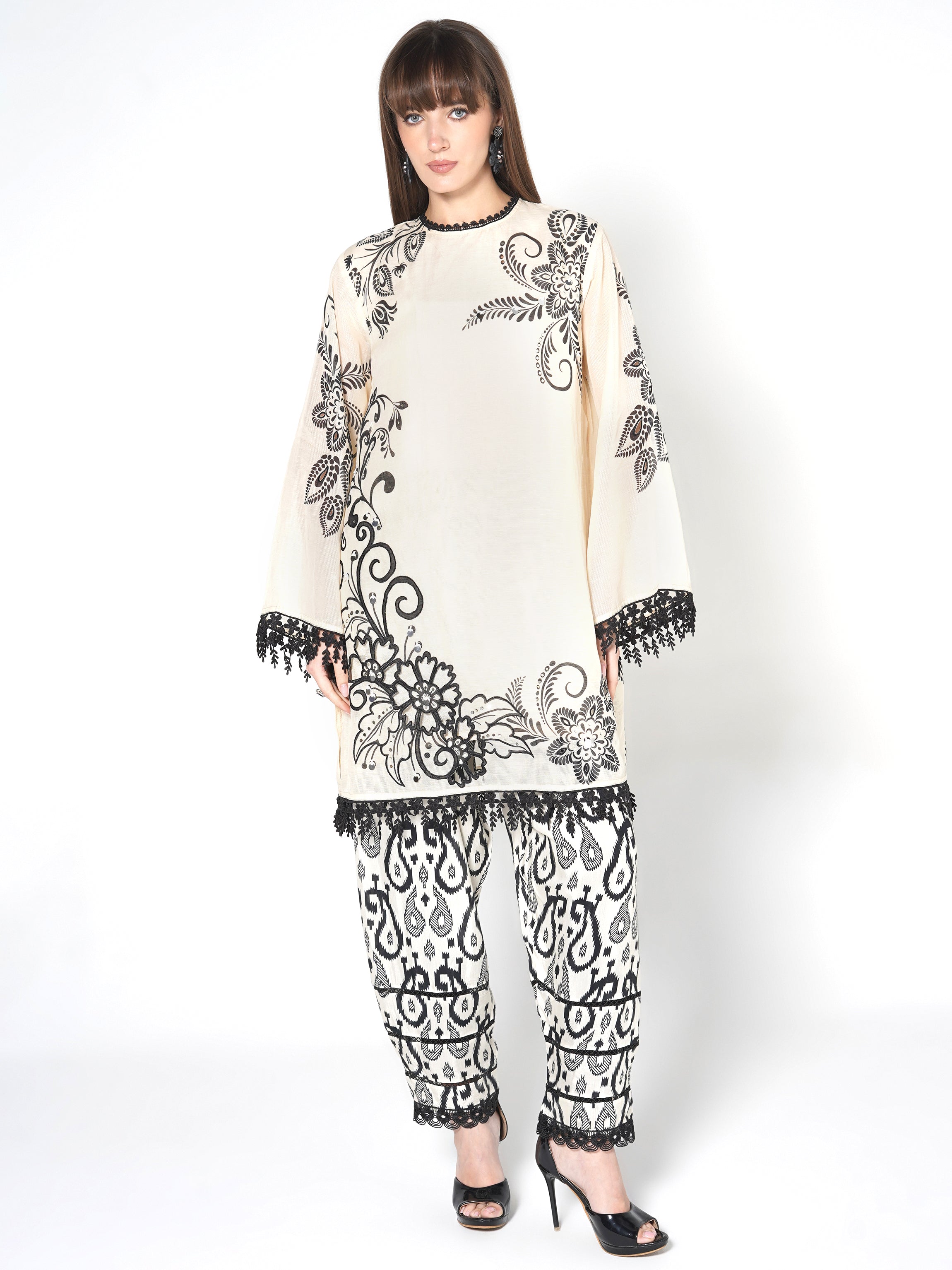 Pearl White Printed Linen Silk Co-Ord Set