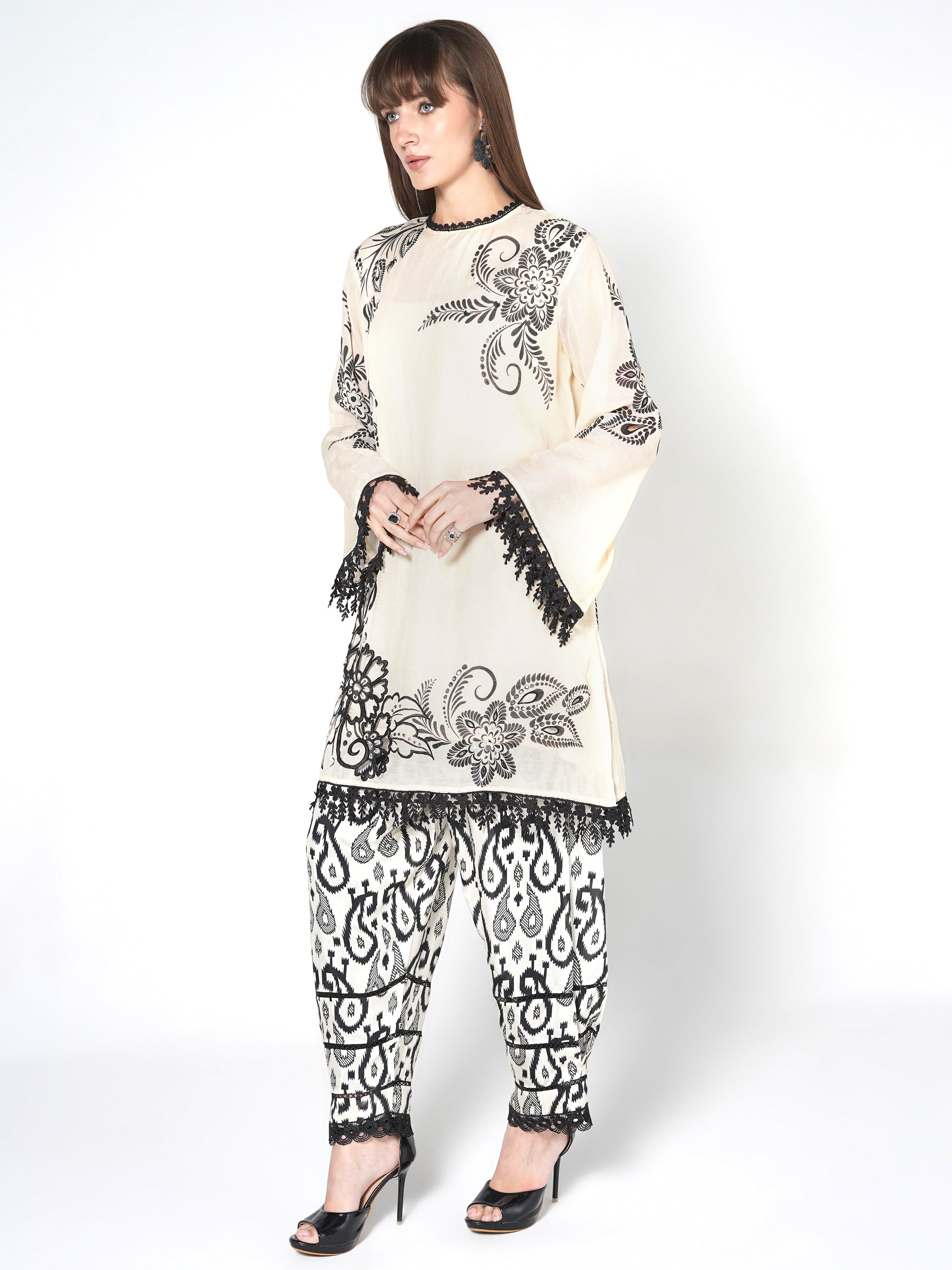 Pearl White Printed Linen Silk Co-Ord Set