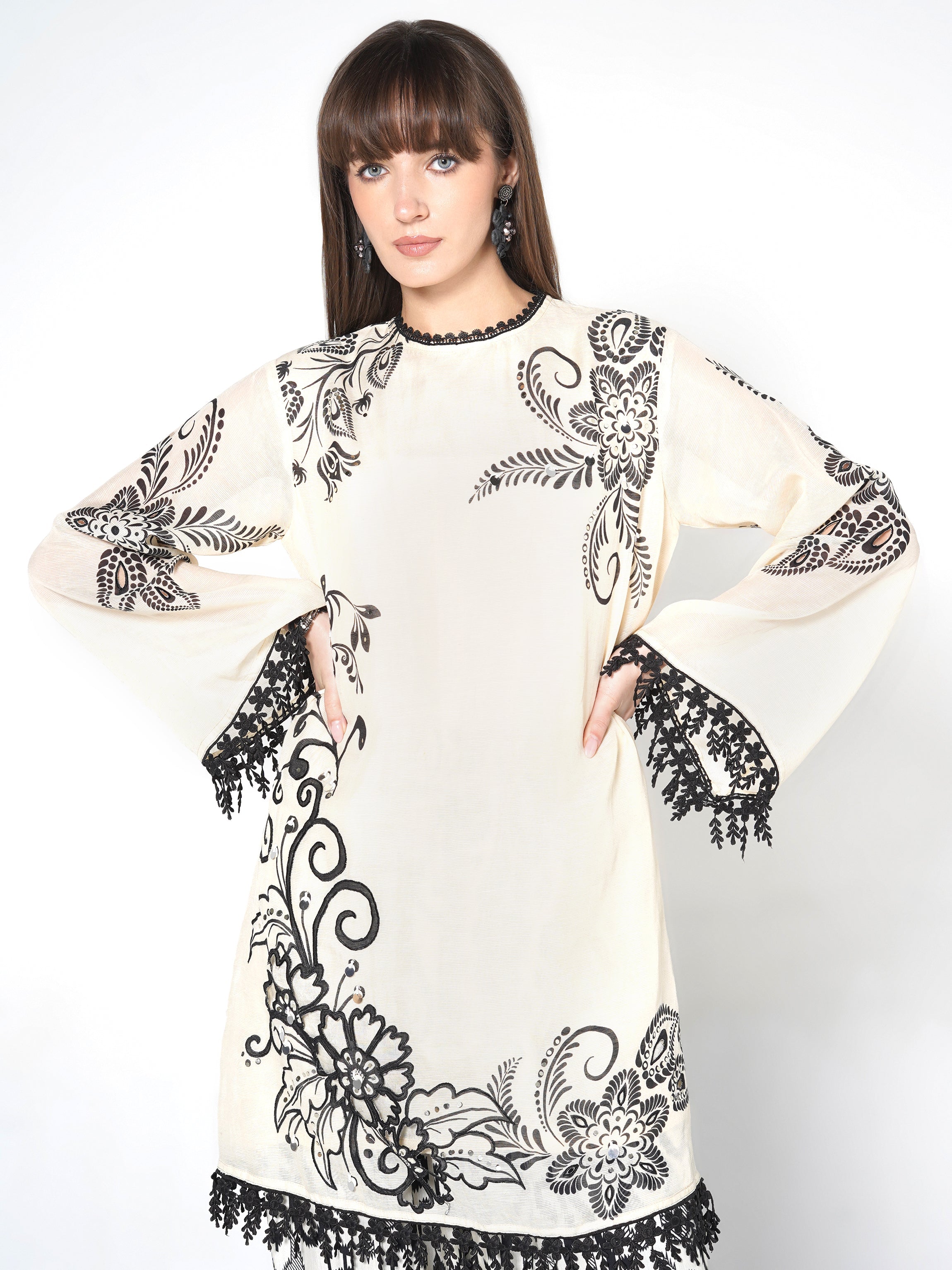 Pearl White Printed Linen Silk Co-Ord Set