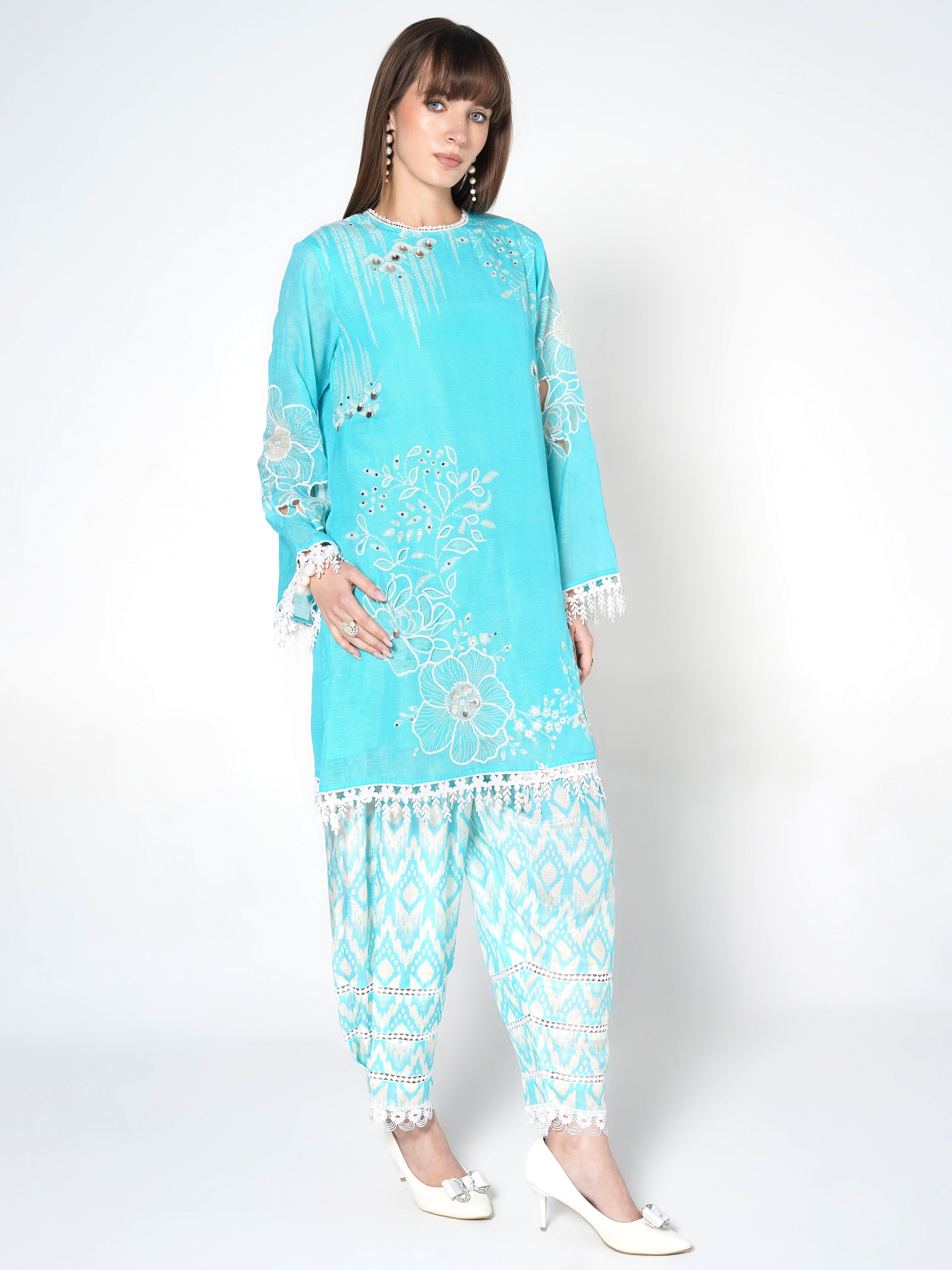 Bright Cyan Printed Linen Silk Co-Ord Set