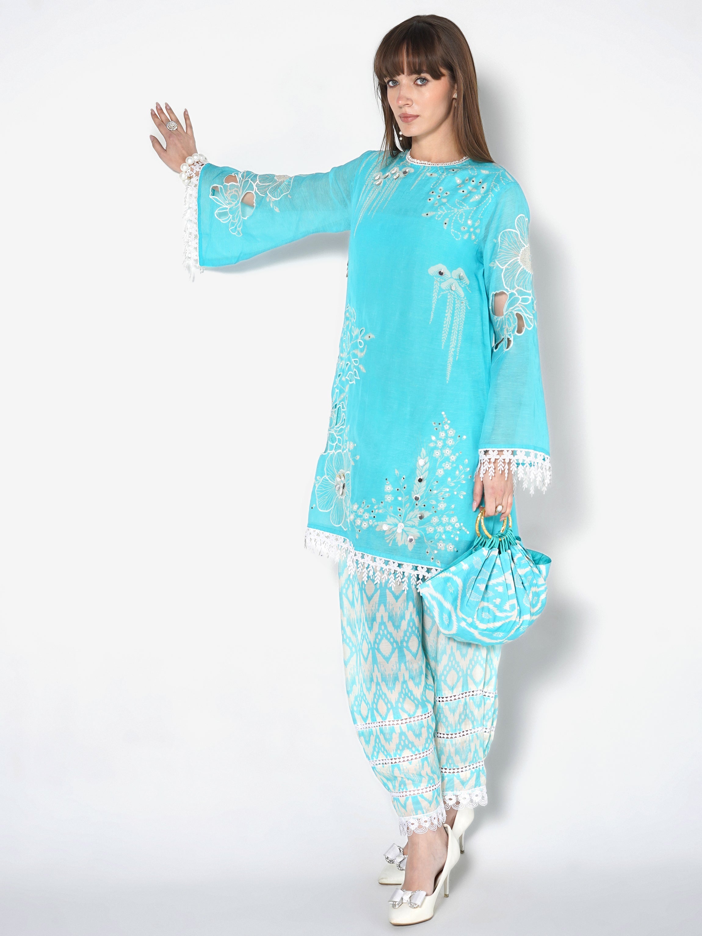 Bright Cyan Printed Linen Silk Co-Ord Set