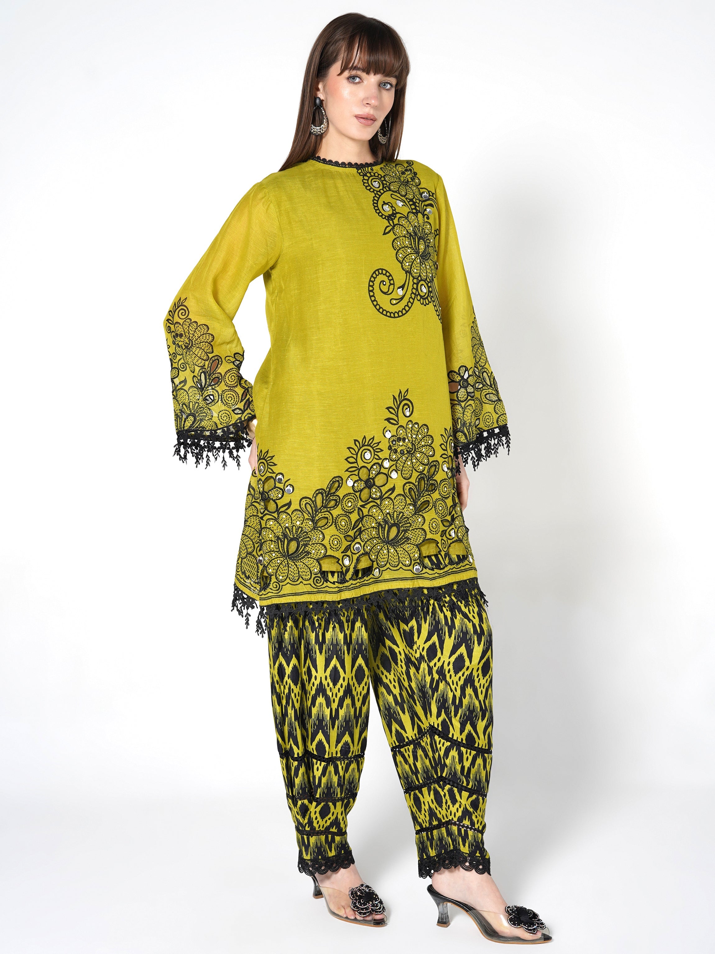 Light Olive Printed Linen Silk Co-Ord Set