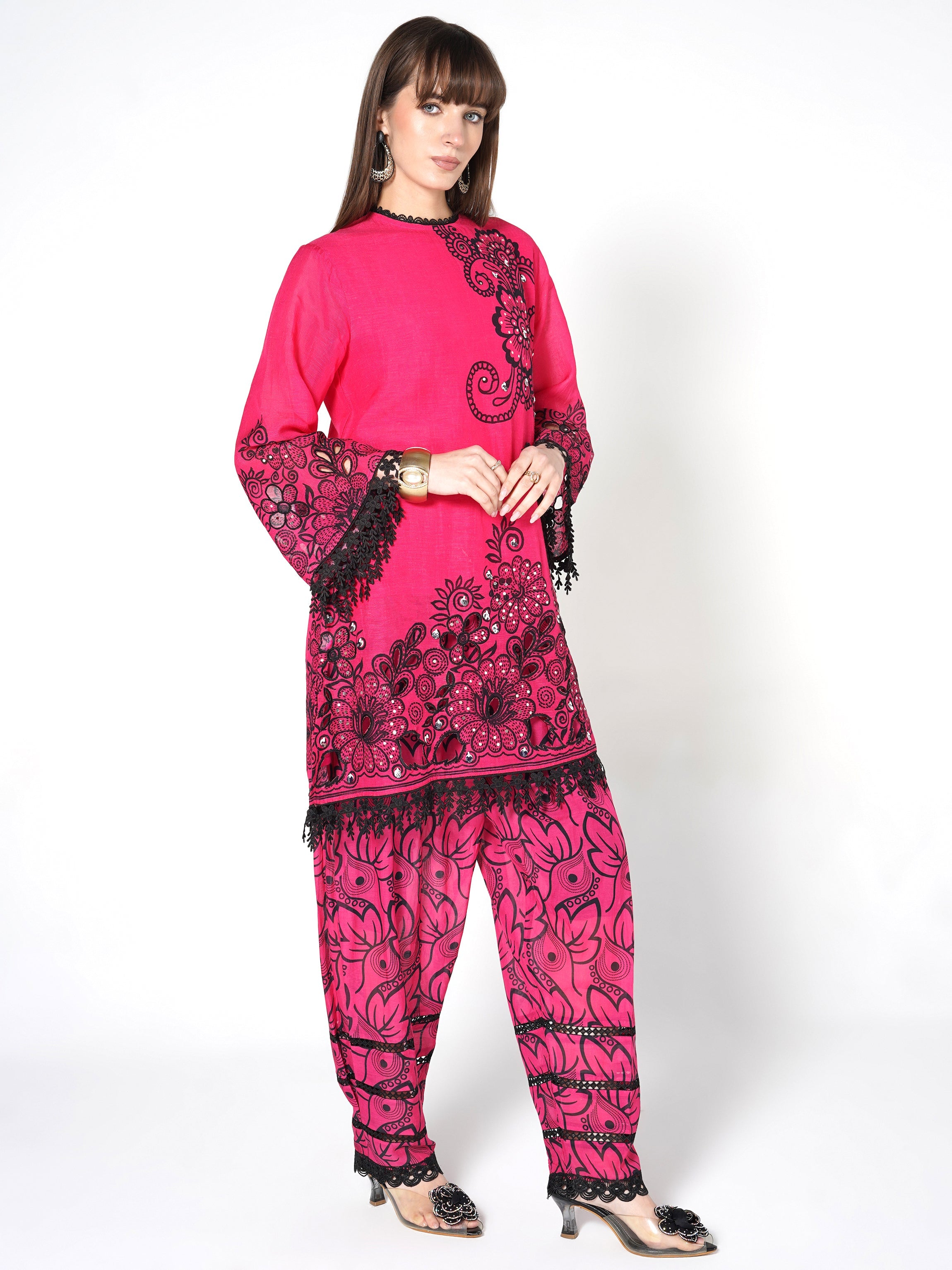 Hot Pink Printed Linen Silk Co-Ord Set