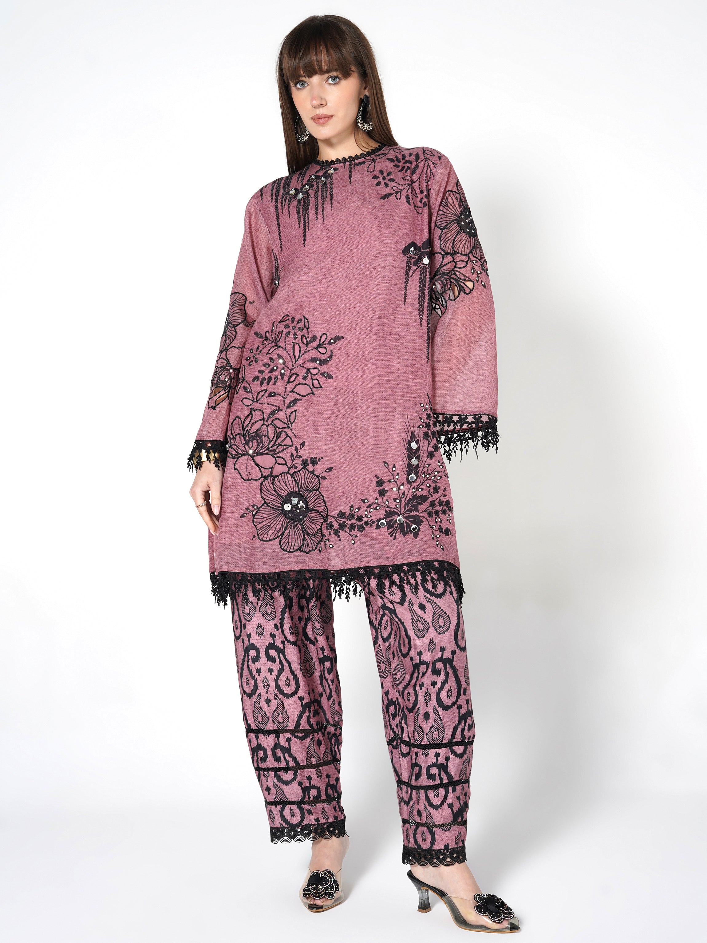 Mauve Onyx Printed Linen Silk Co-Ord Set