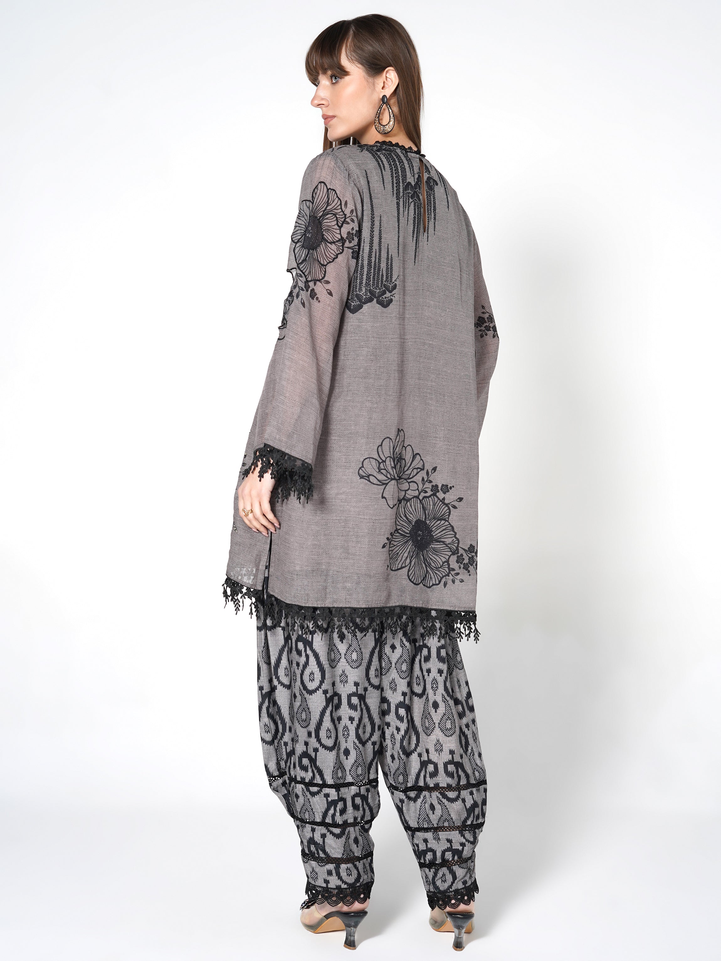 Steel Grey Printed Linen Silk Co-Ord Set