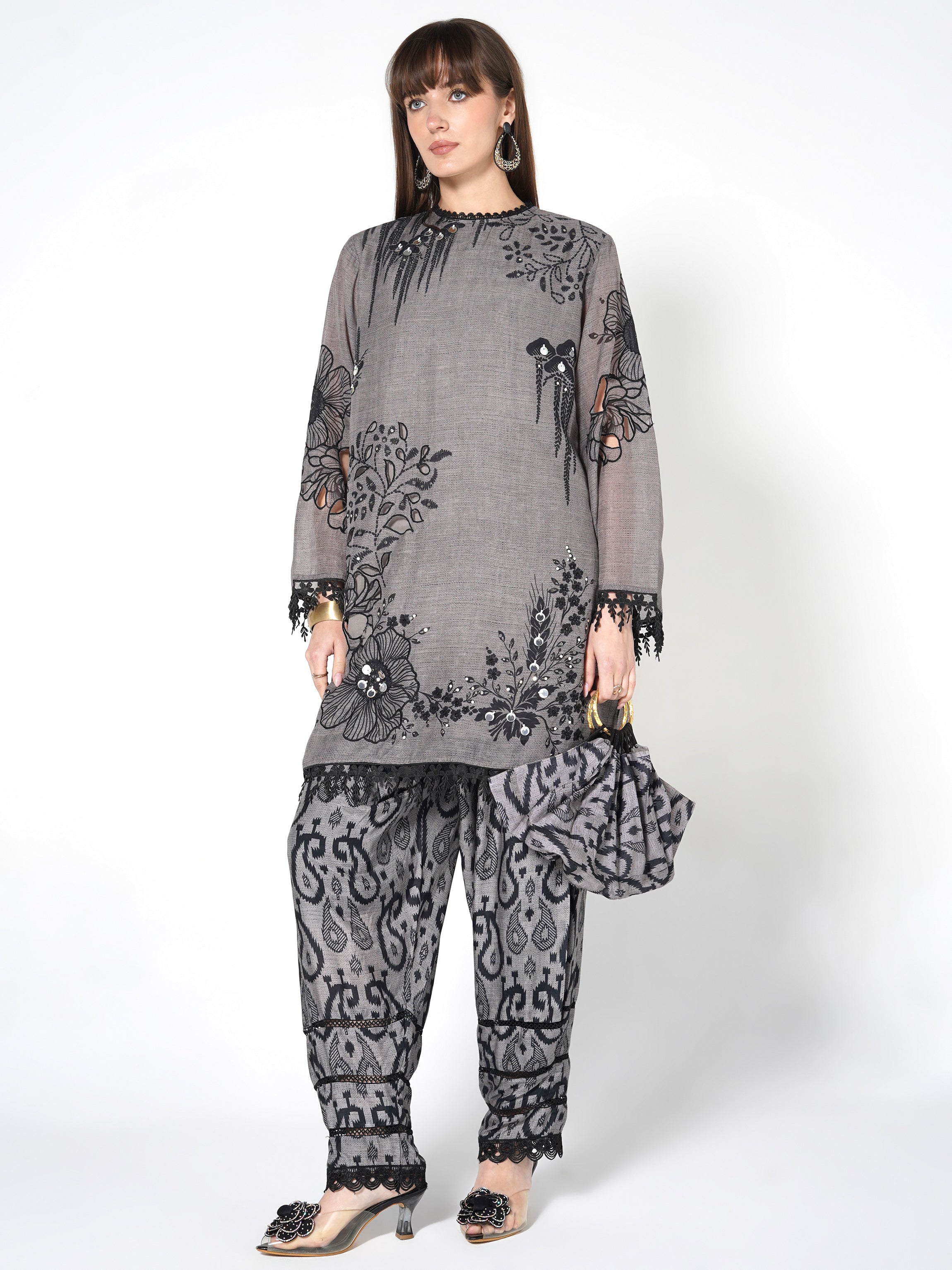 Steel Grey Printed Linen Silk Co-Ord Set