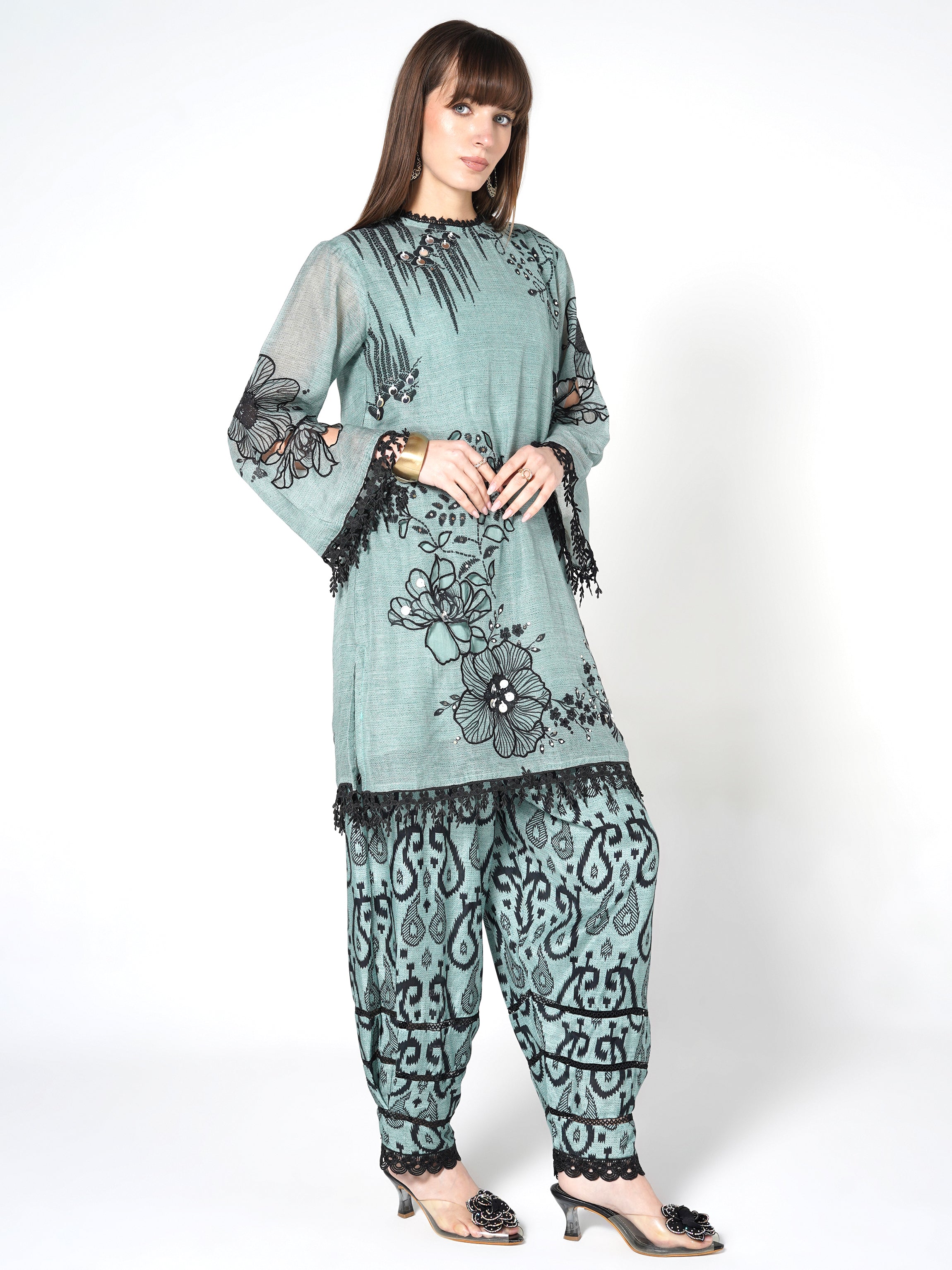 Seafoam Blue Printed Linen Silk Co-Ord Set