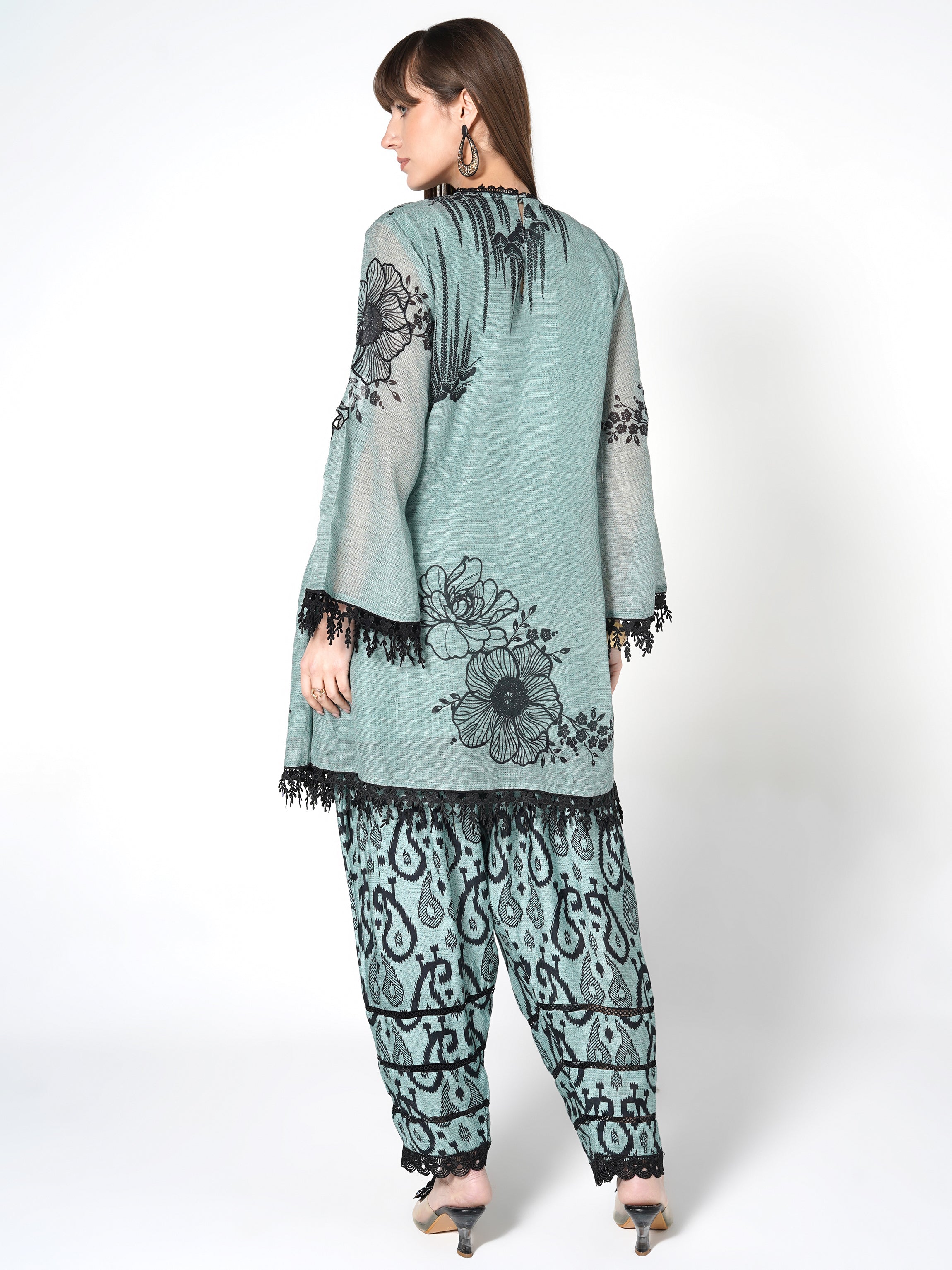 Seafoam Blue Printed Linen Silk Co-Ord Set