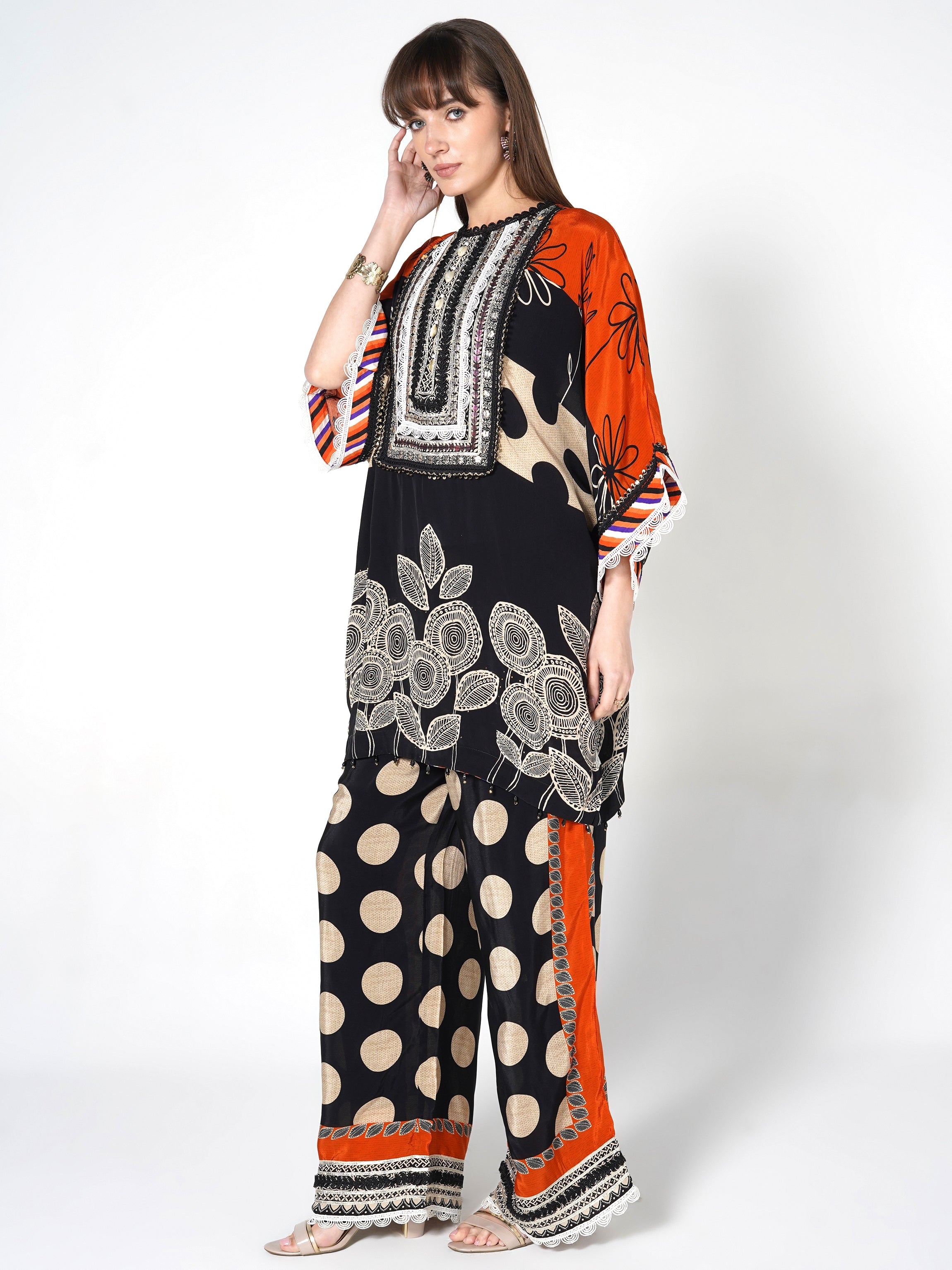 Orange Black Printed Polka Crepe Silk Co-Ord Set