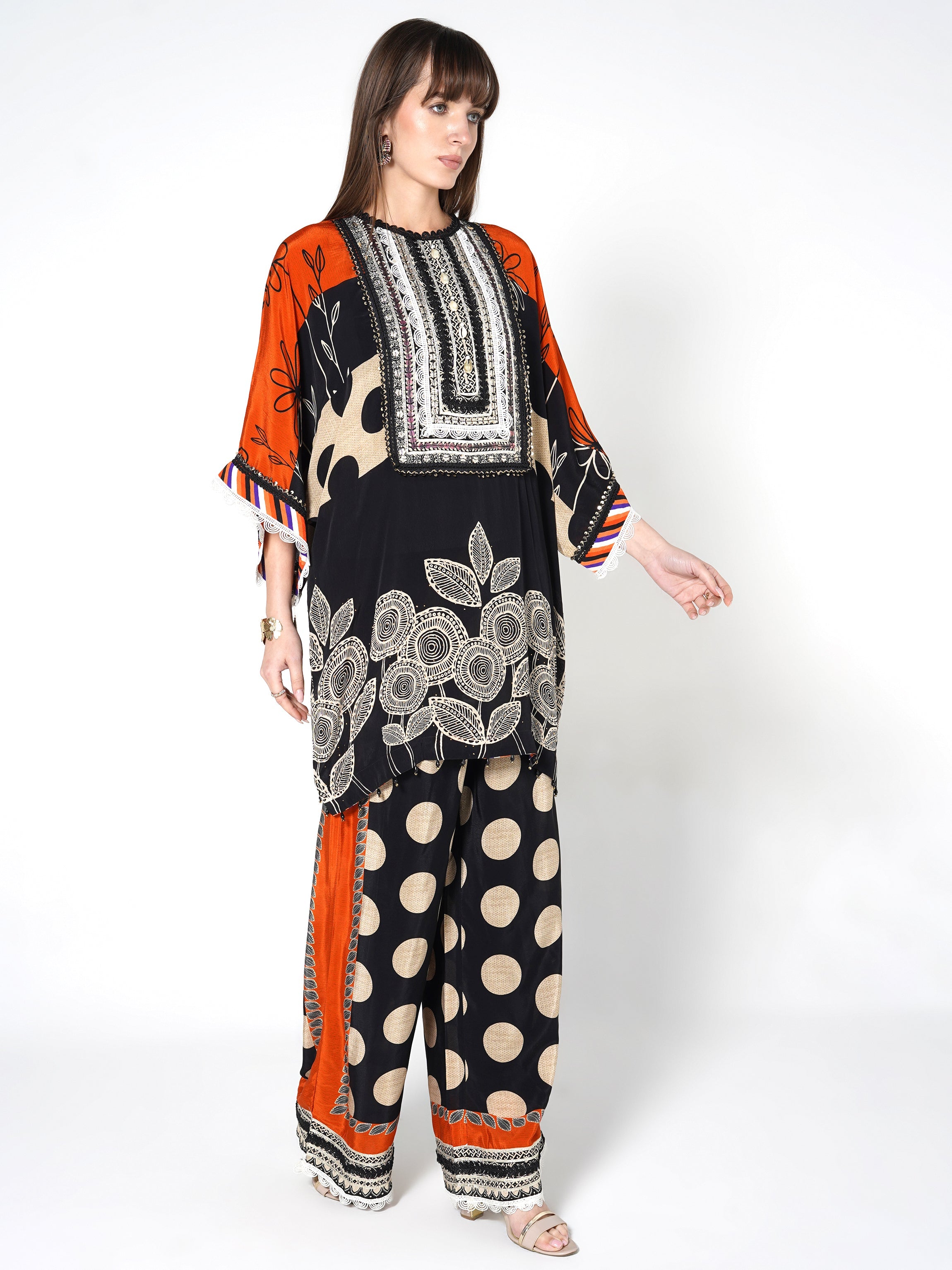 Orange Black Printed Polka Crepe Silk Co-Ord Set