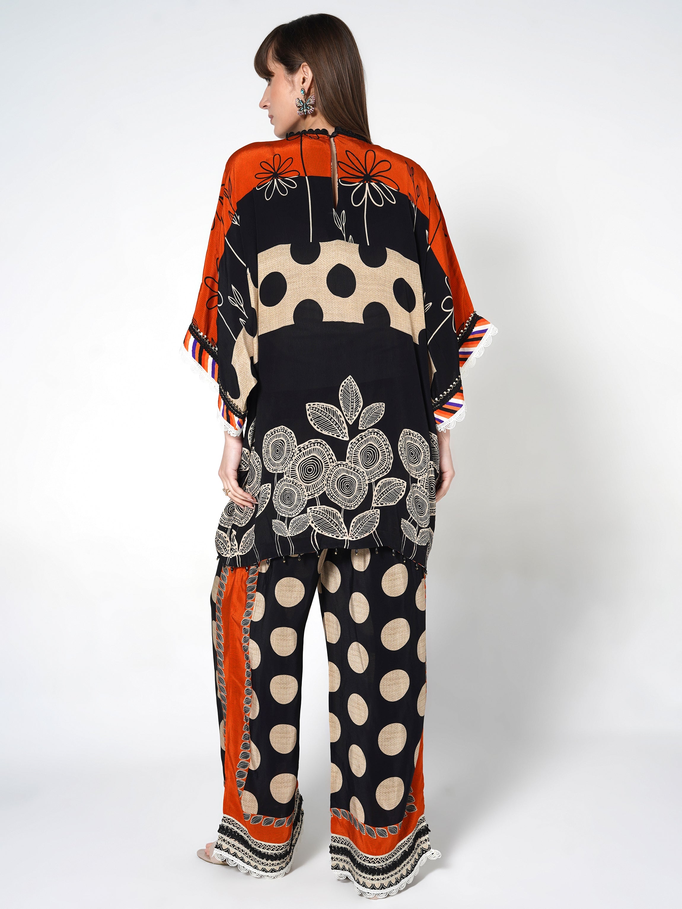 Orange Black Printed Polka Crepe Silk Co-Ord Set