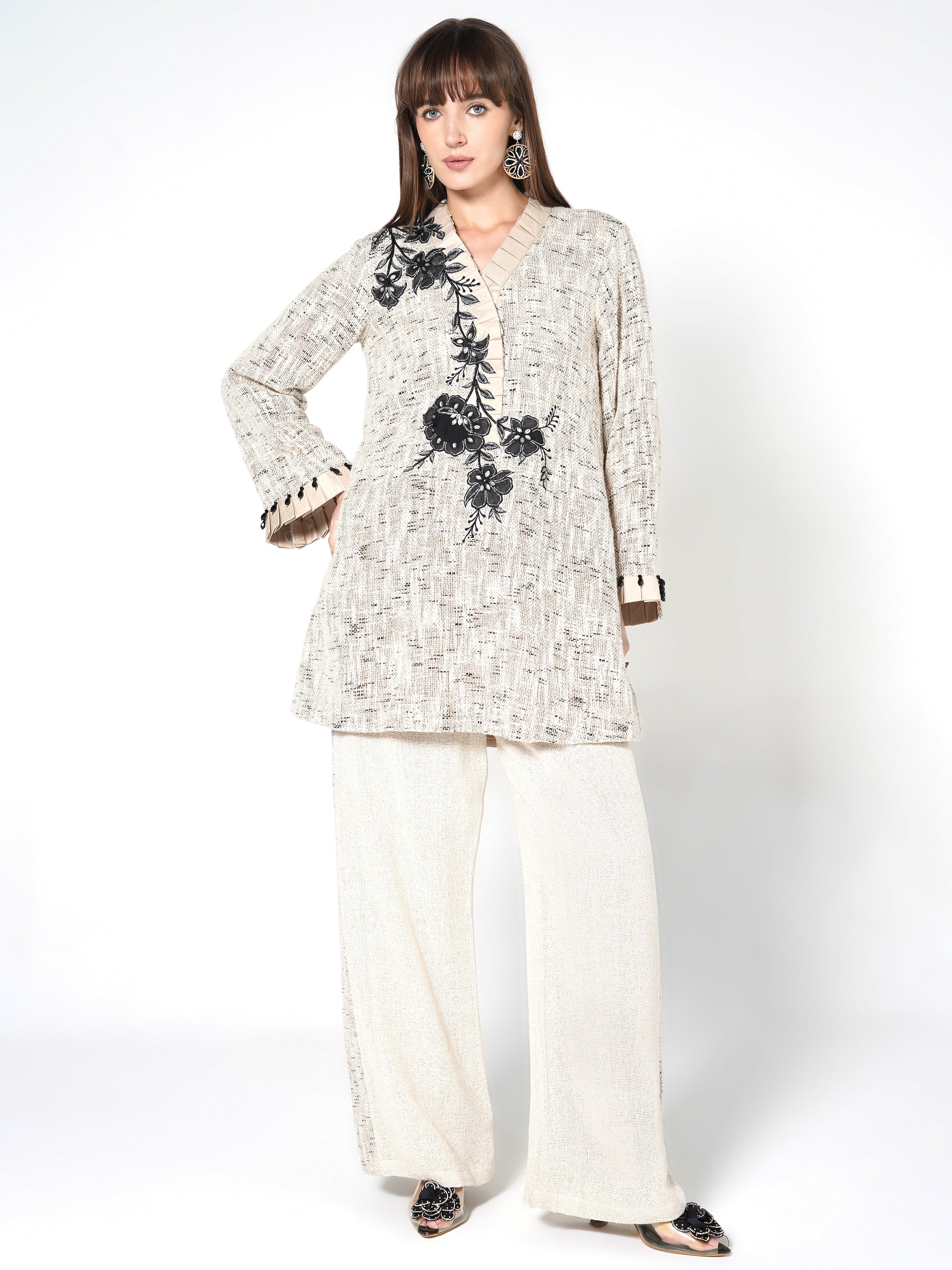 Beige & Black Floral Jute Co-ord Set
