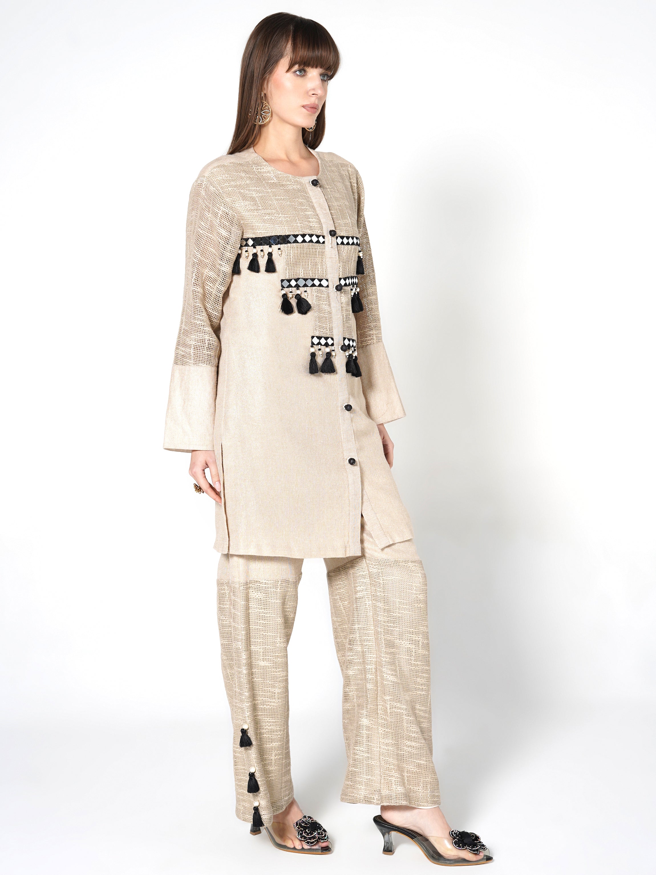Champagne Beige Embroidered Jute Co-ord Set
