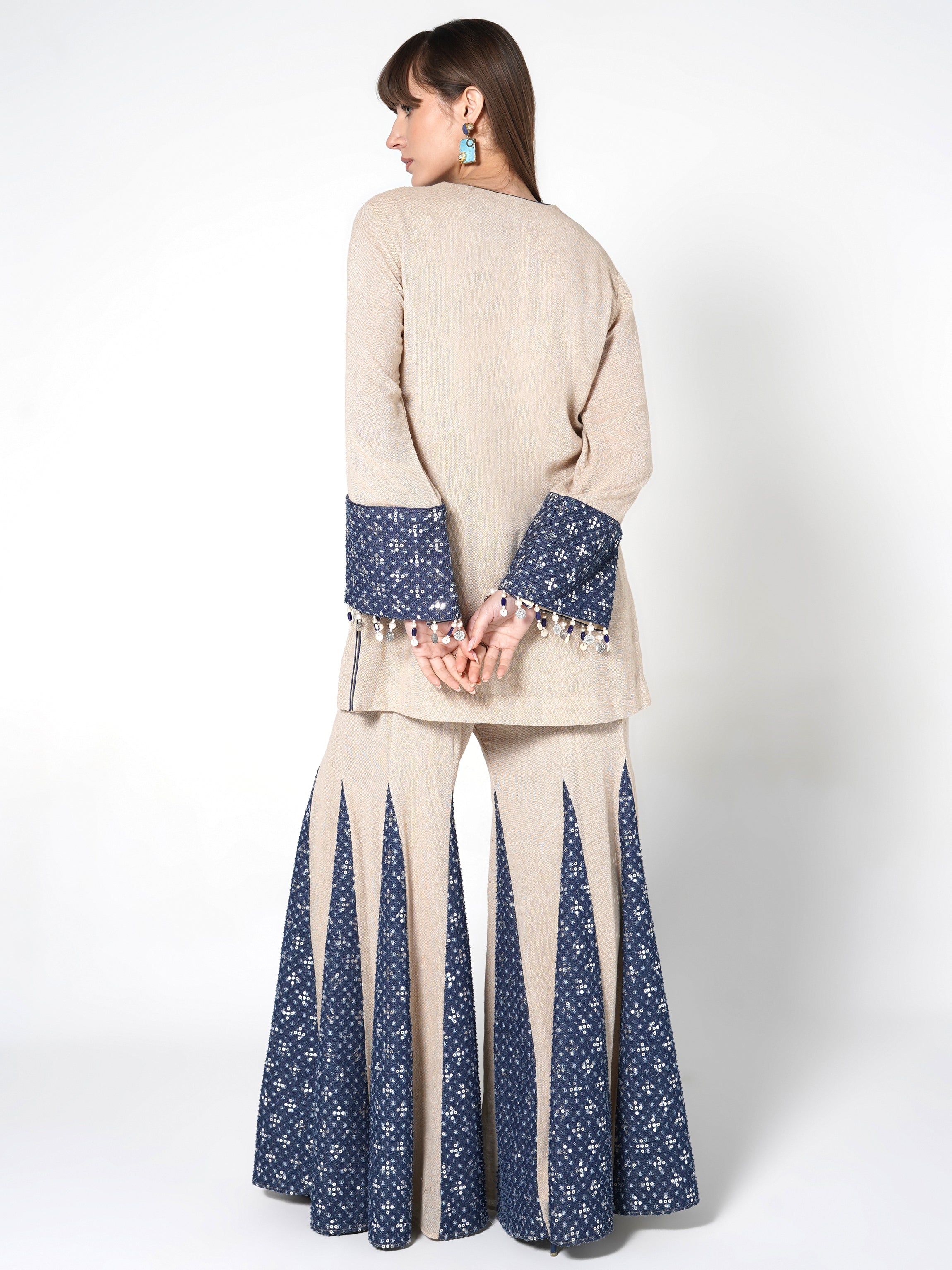 Natural Beige & Blue Flared Jute Co-ord Set