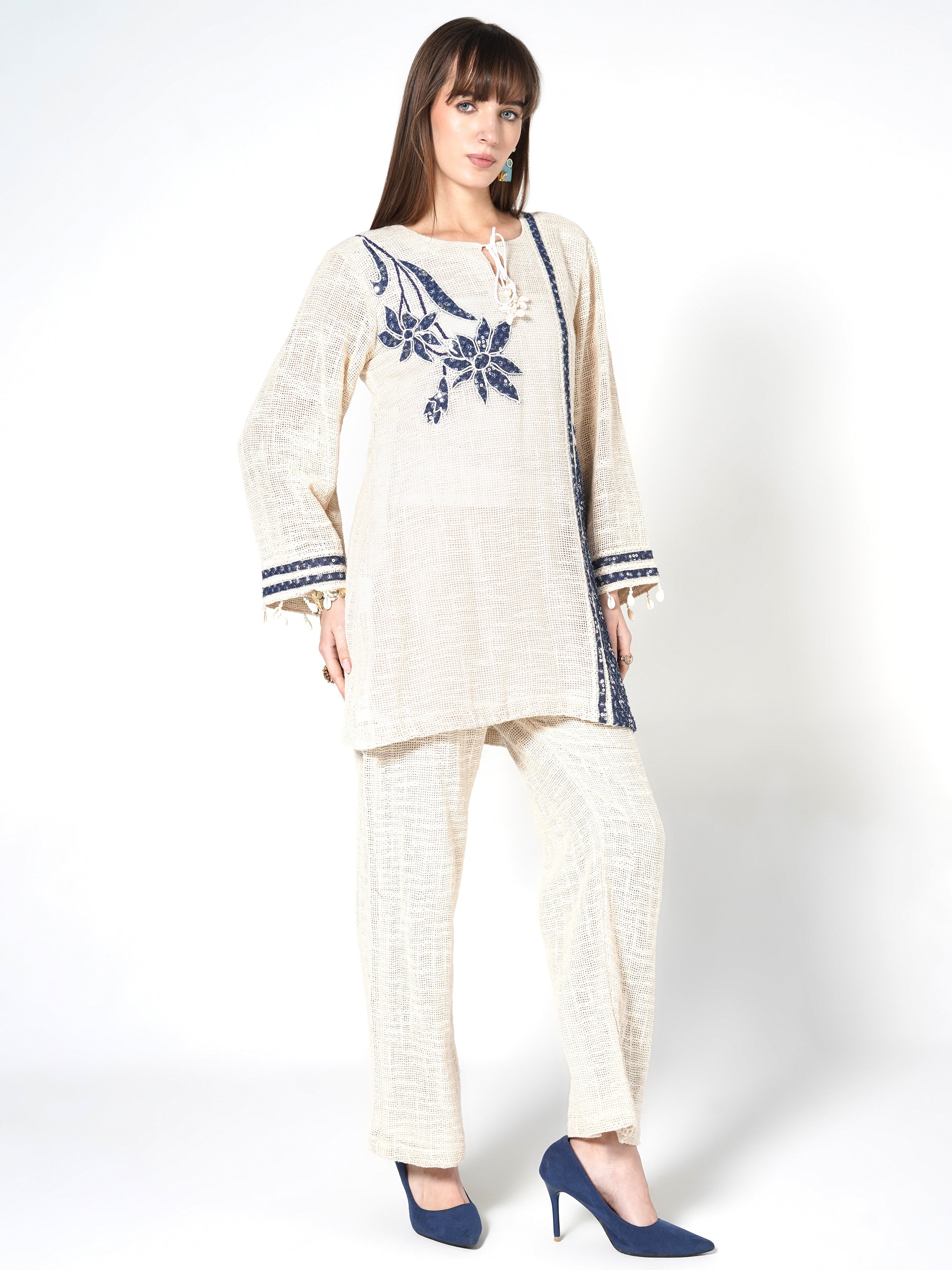 Cream & Navy Embellished Jute Co-ord Set
