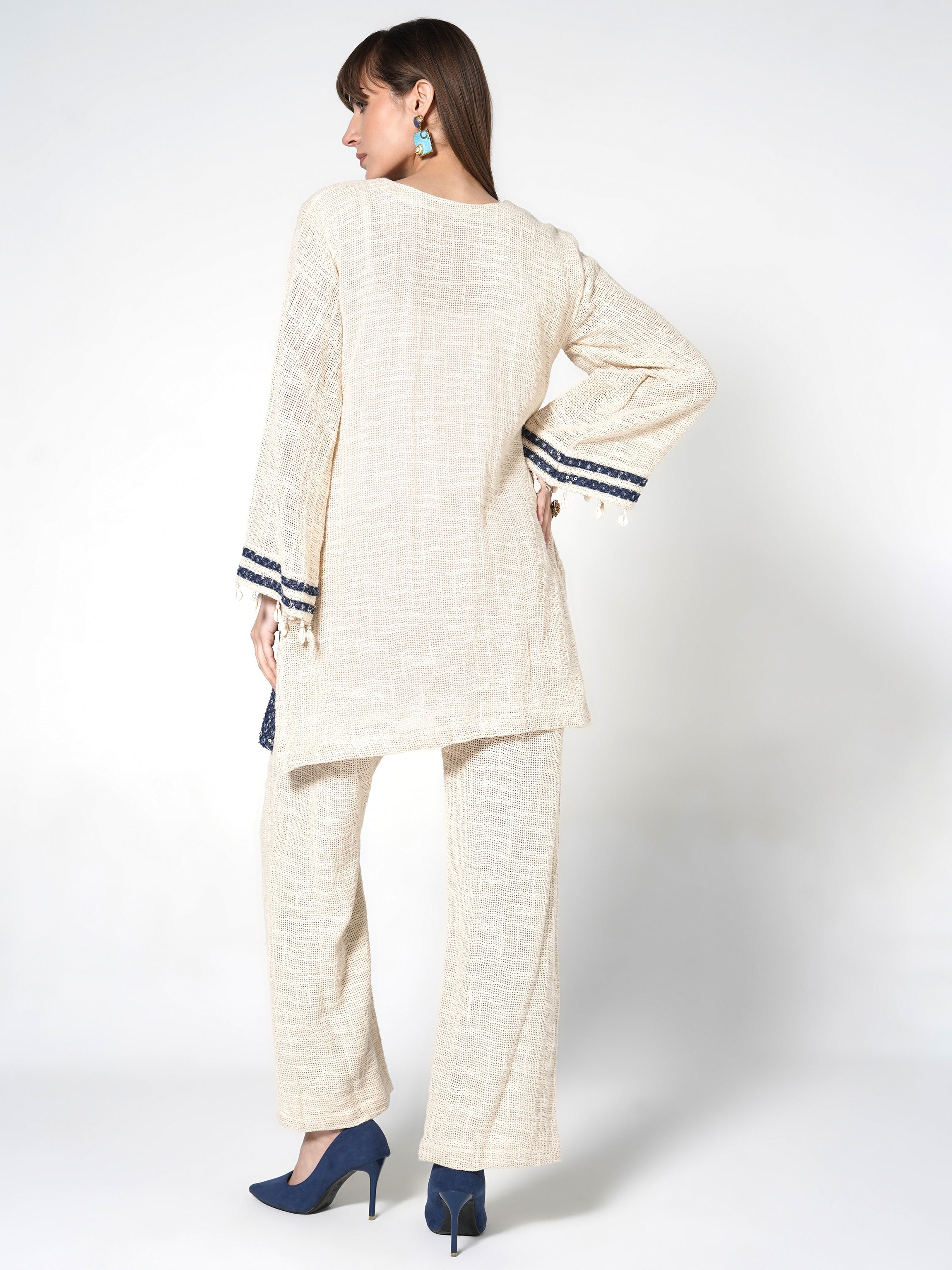 Cream & Navy Embellished Jute Co-ord Set