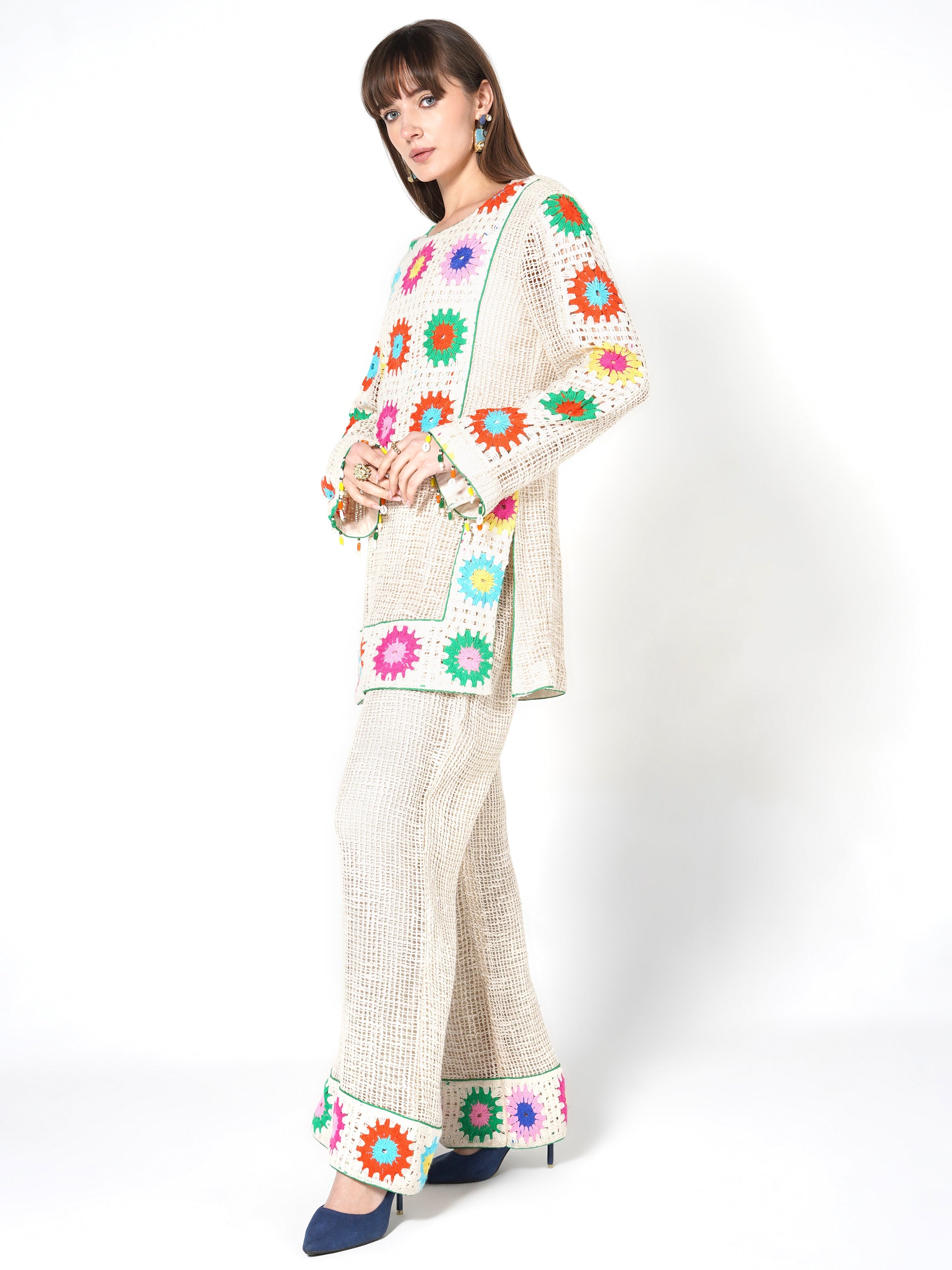 Cream Vibrant Floral Crochet Jute Co-ord Set