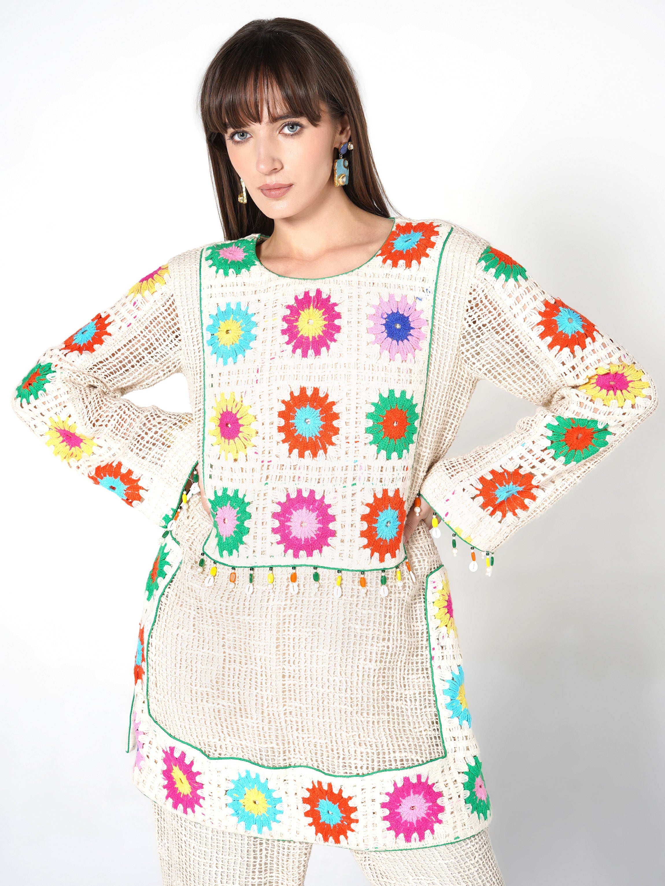 Cream Vibrant Floral Crochet Jute Co-ord Set