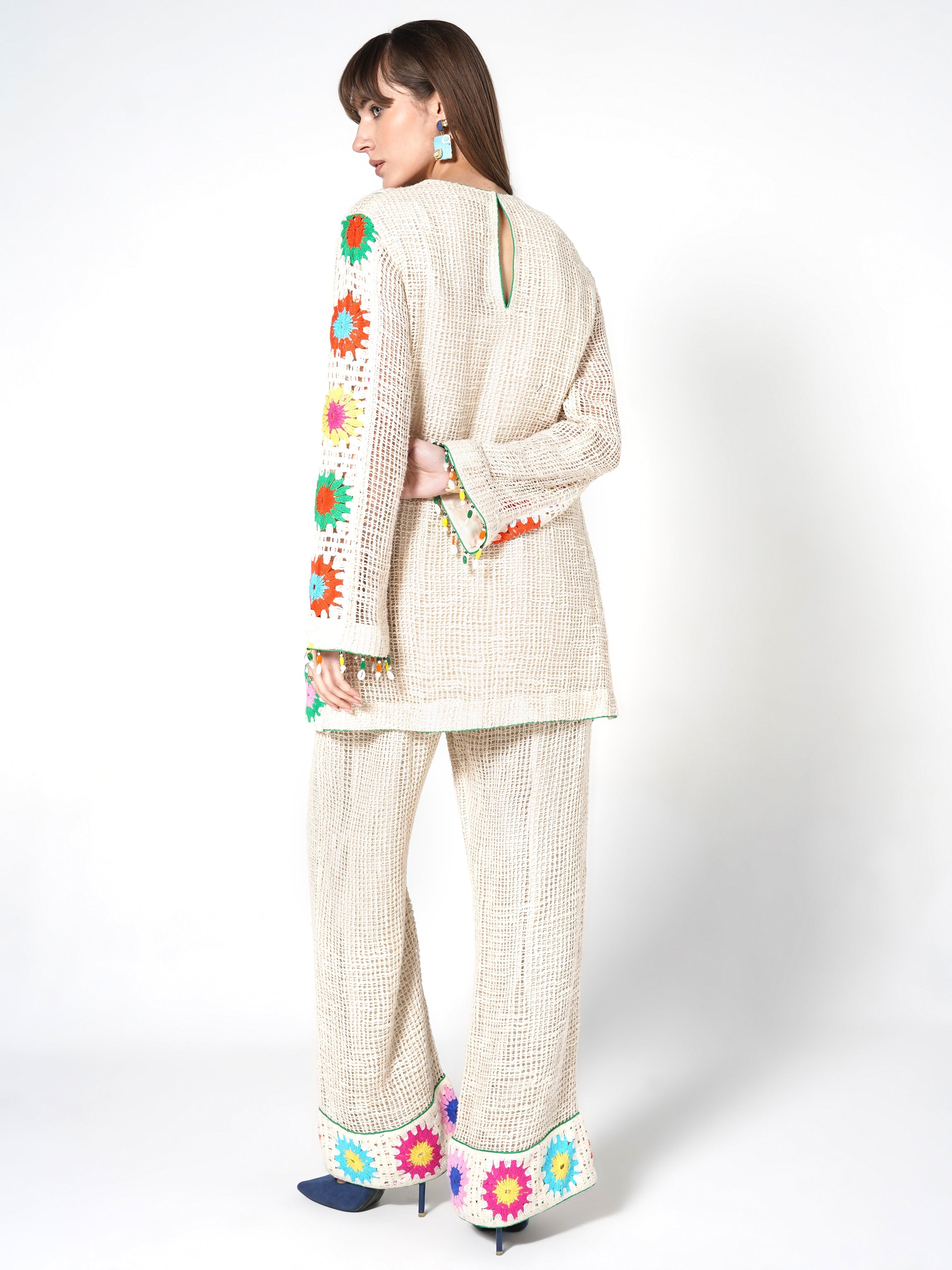 Cream Vibrant Floral Crochet Jute Co-ord Set