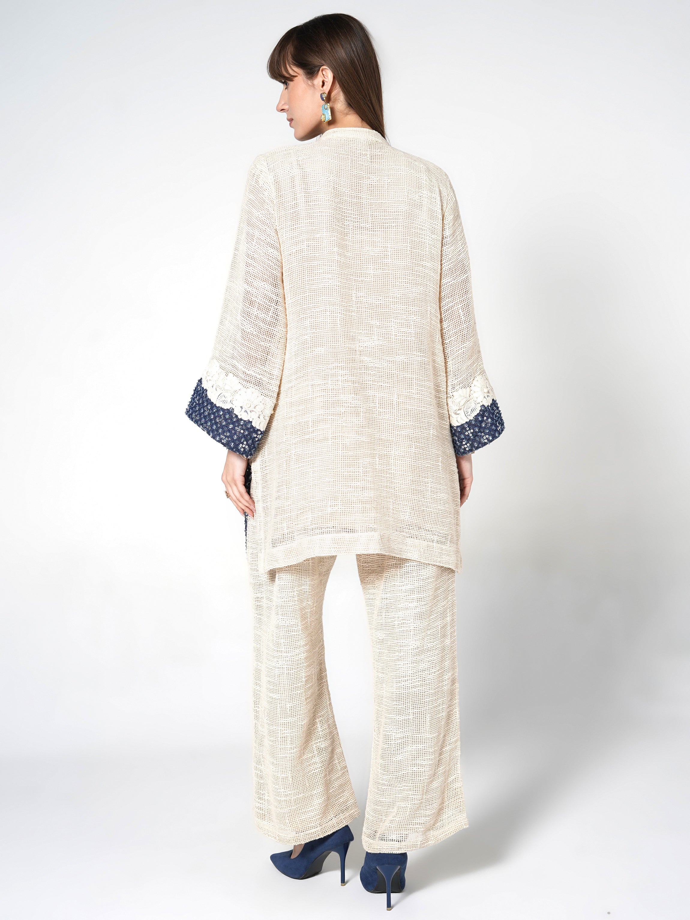 Cream & Blue Color-Blocked Jute Co-ord Set