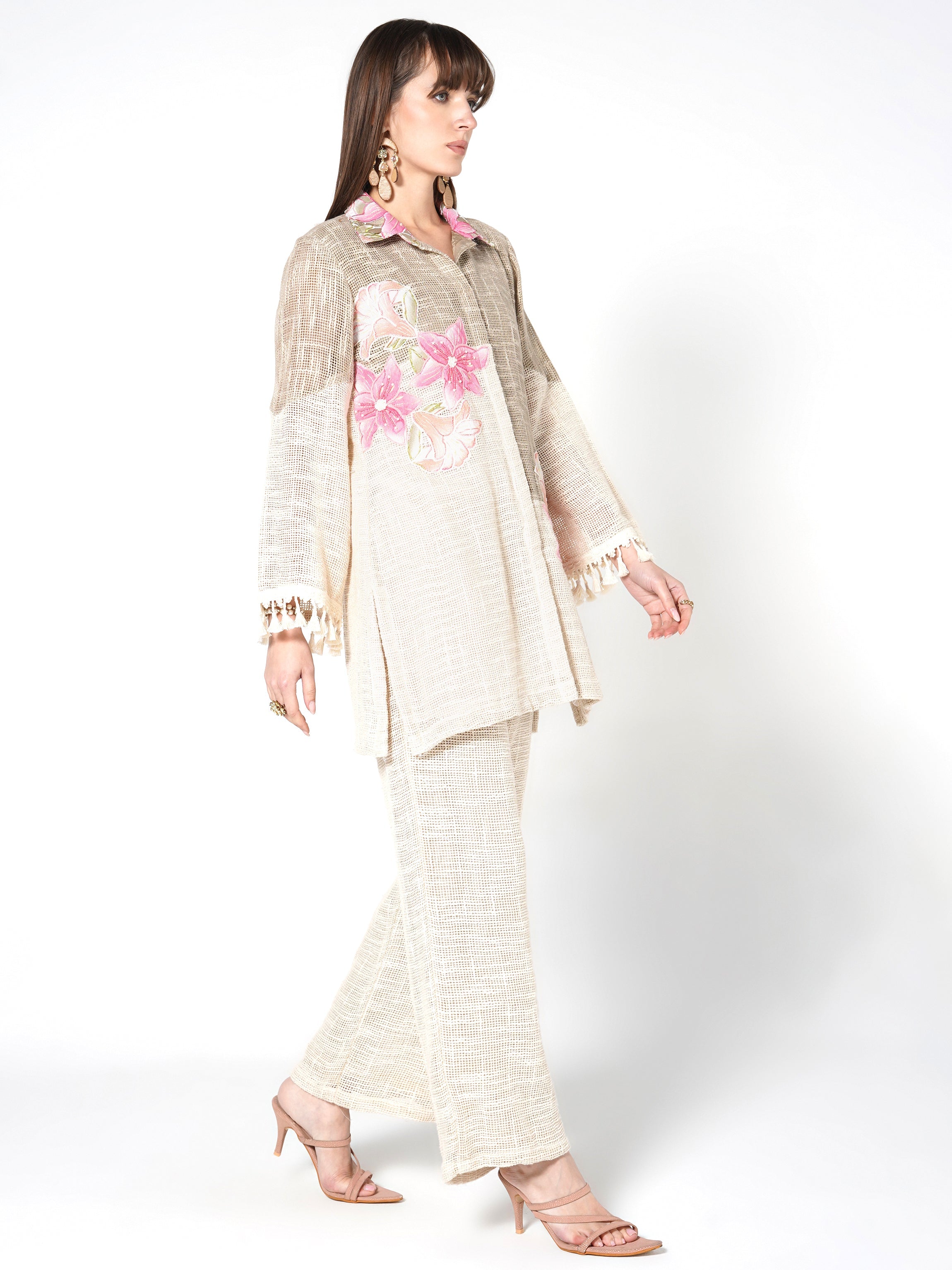 Natural Beige Embroidered Jute Co-ord Set