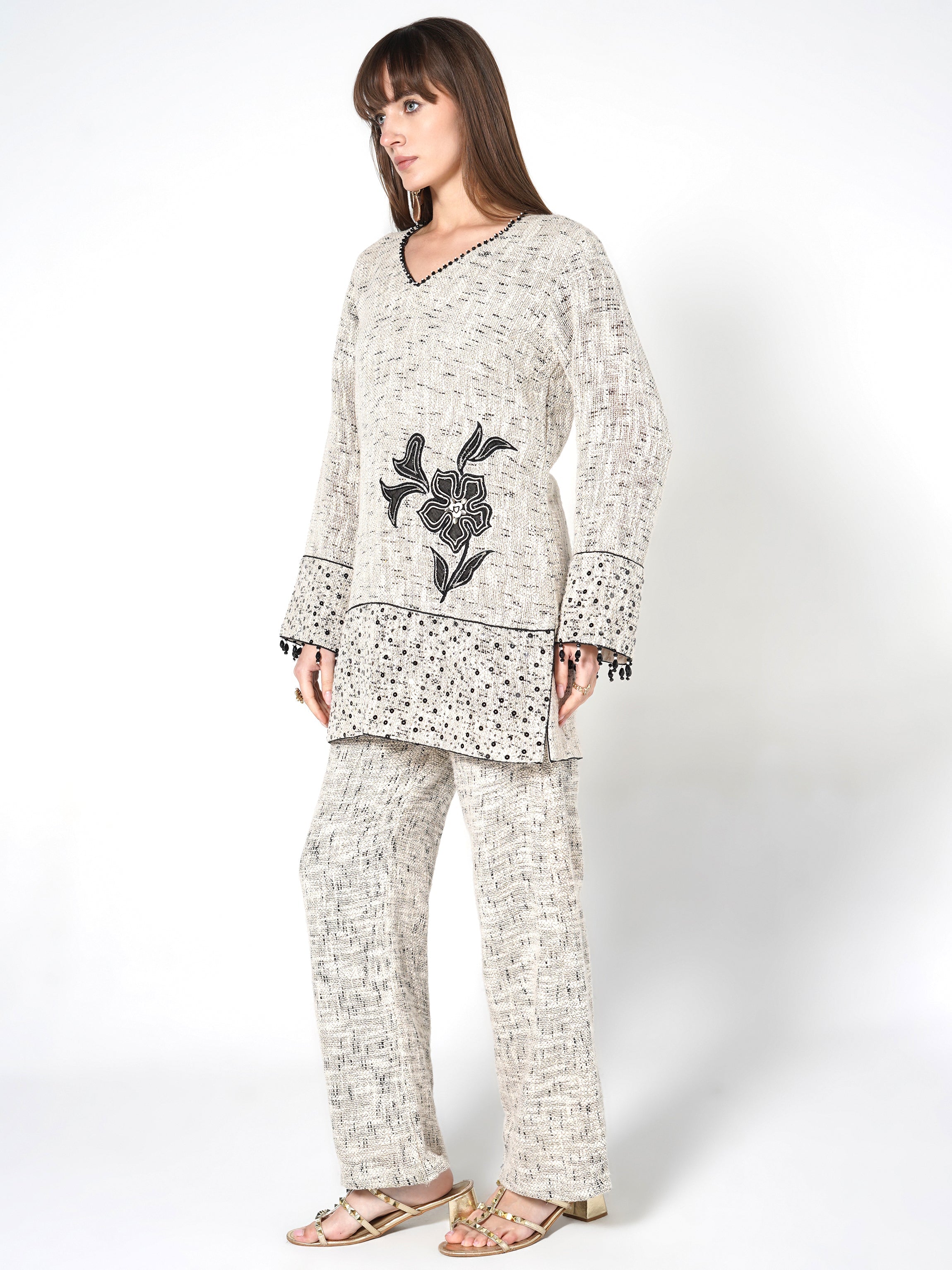 Heathered Cream & Black Floral Jute Co-ord Set