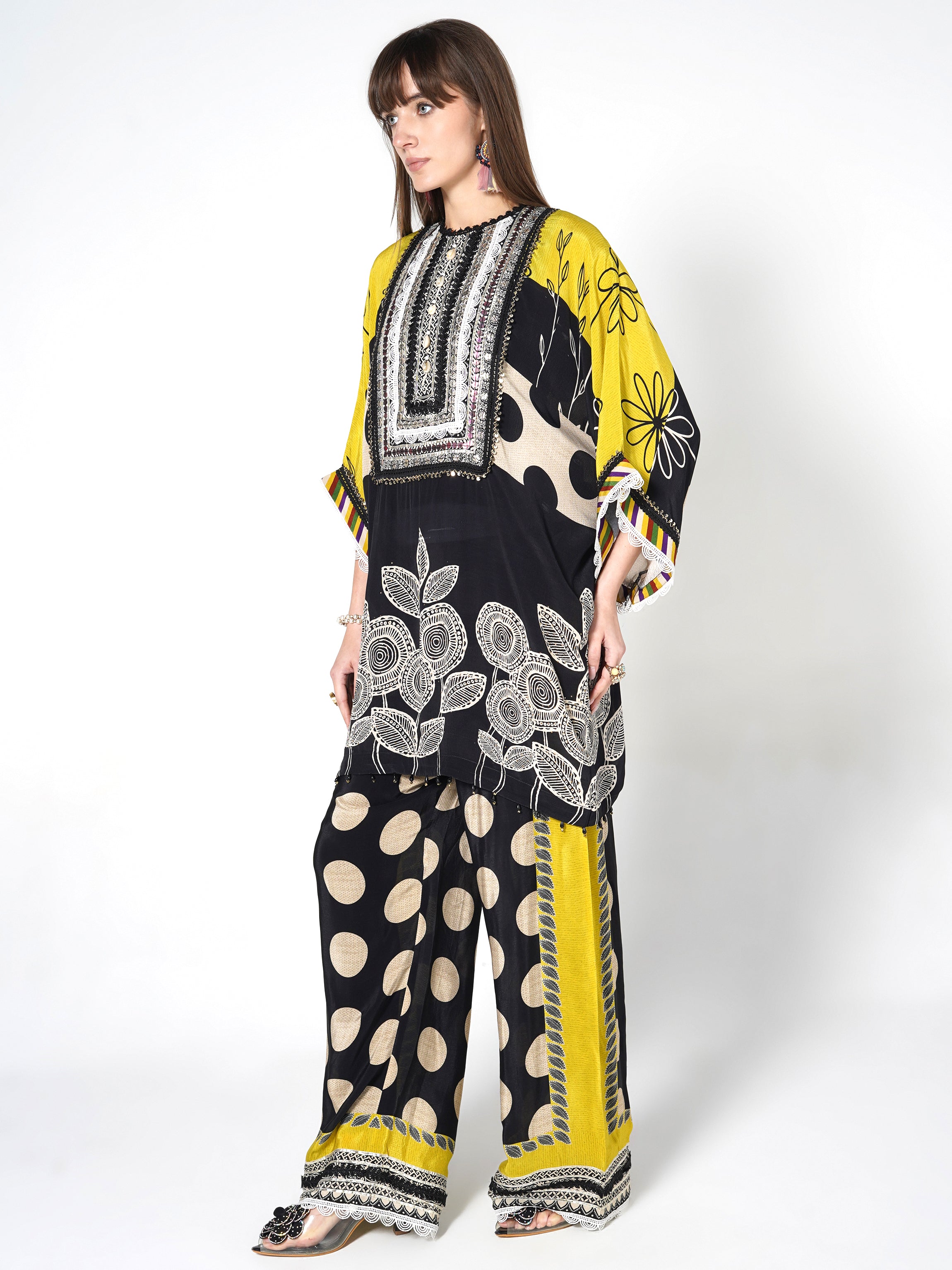 Yellow Black Printed Polka Crepe Silk Co-Ord Set