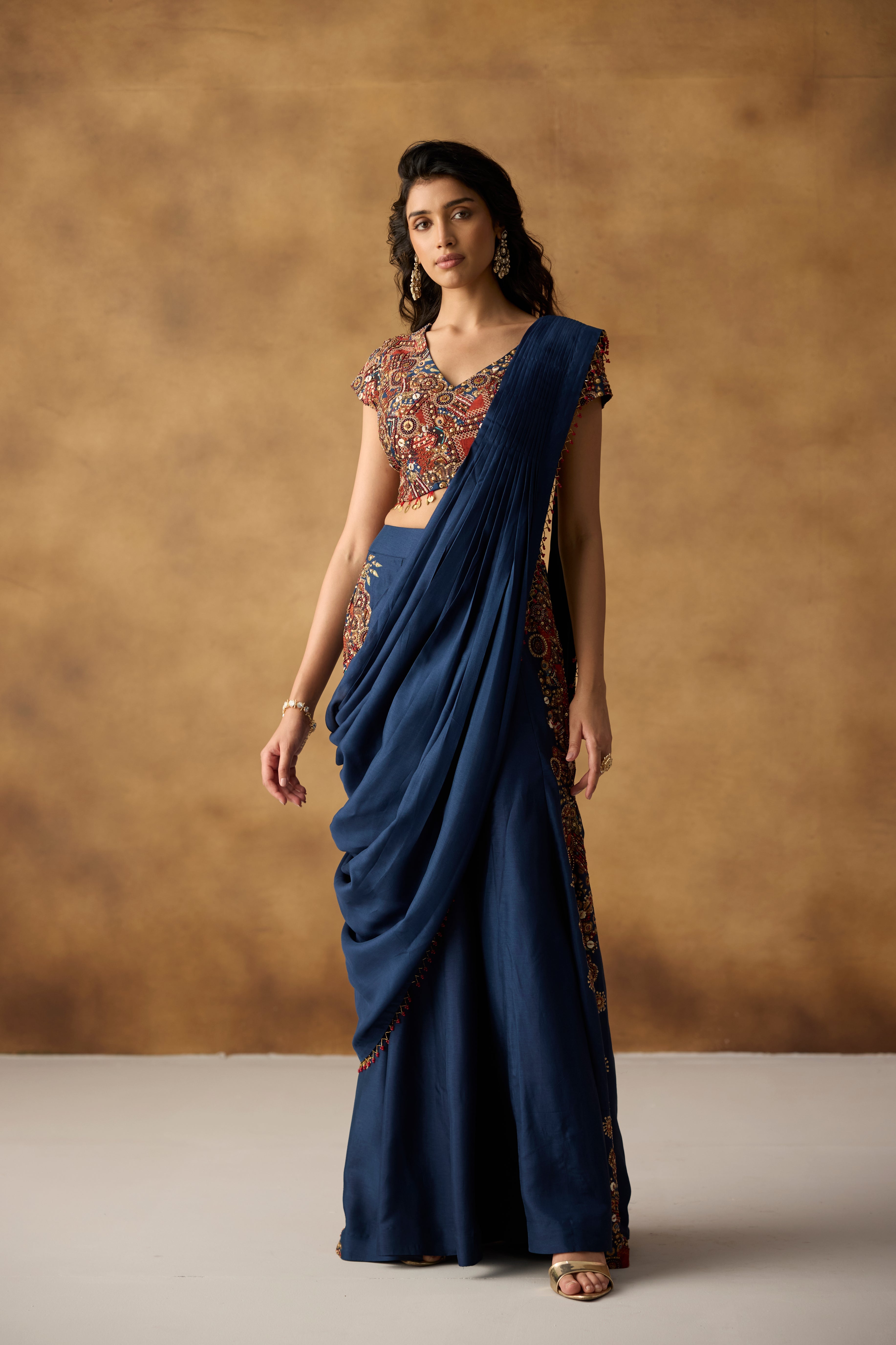 Navy Embellished Georgette Silk Palazzo with Drape