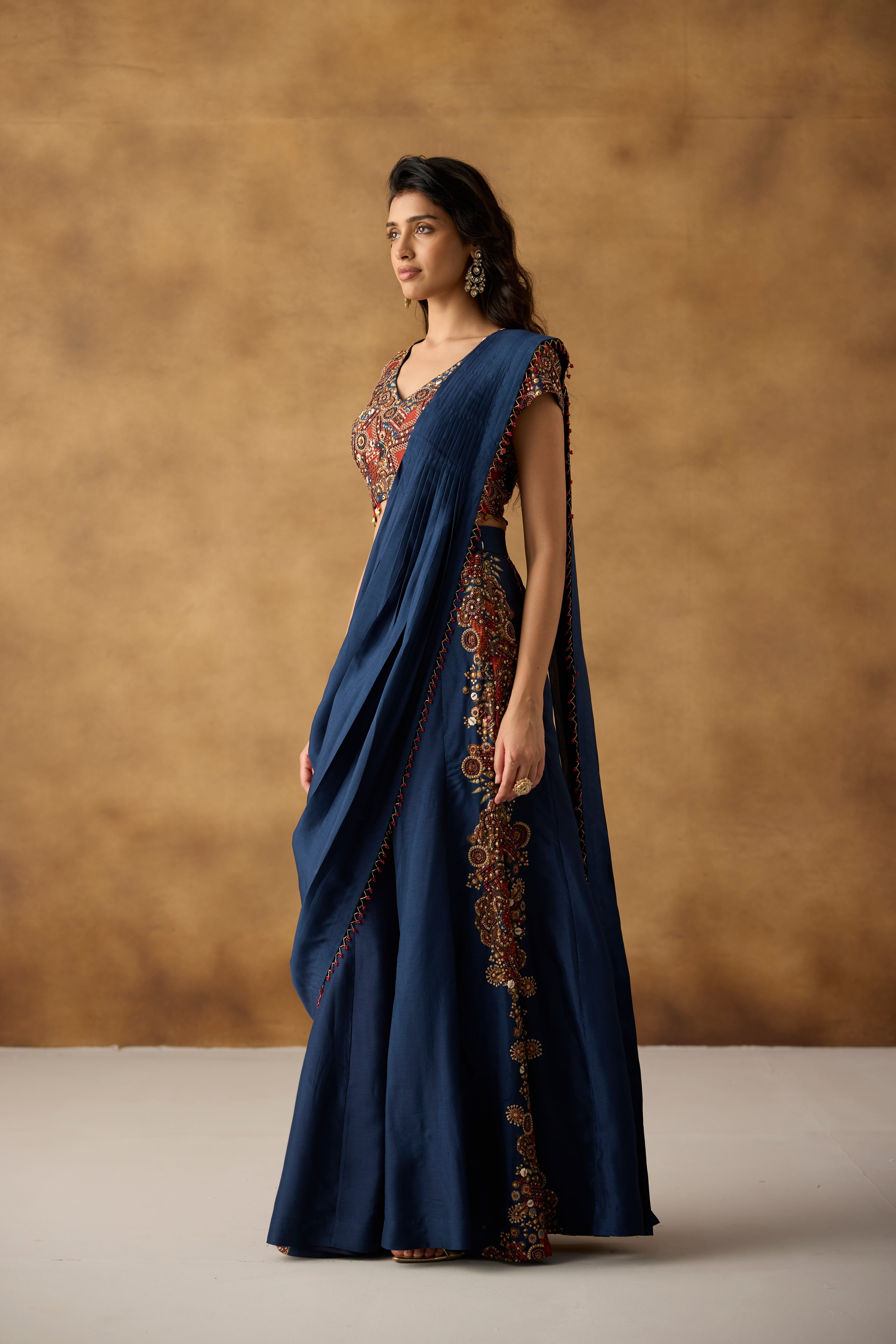 Navy Embellished Georgette Silk Palazzo with Drape