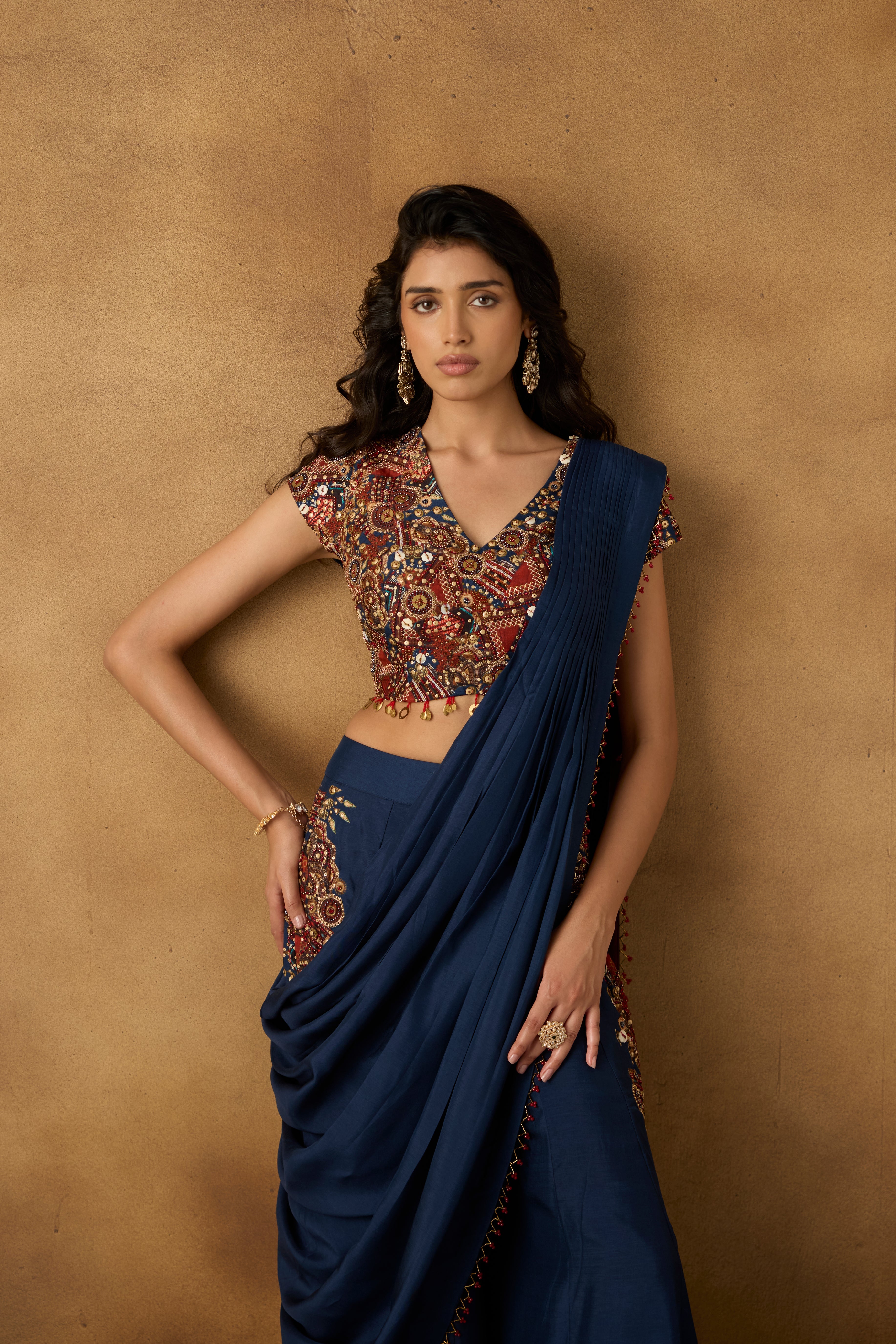 Navy Embellished Georgette Silk Palazzo with Drape