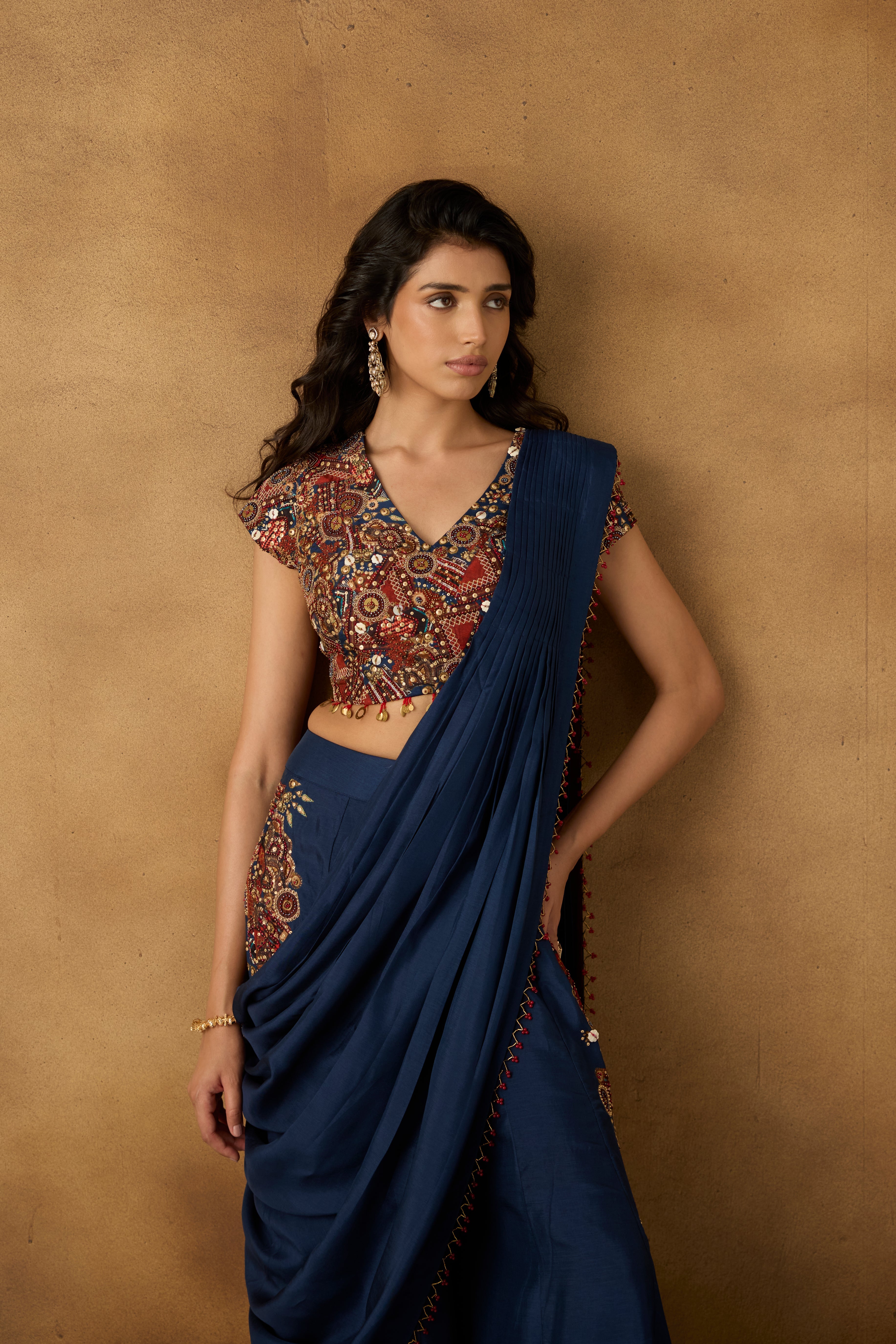 Navy Embellished Georgette Silk Palazzo with Drape