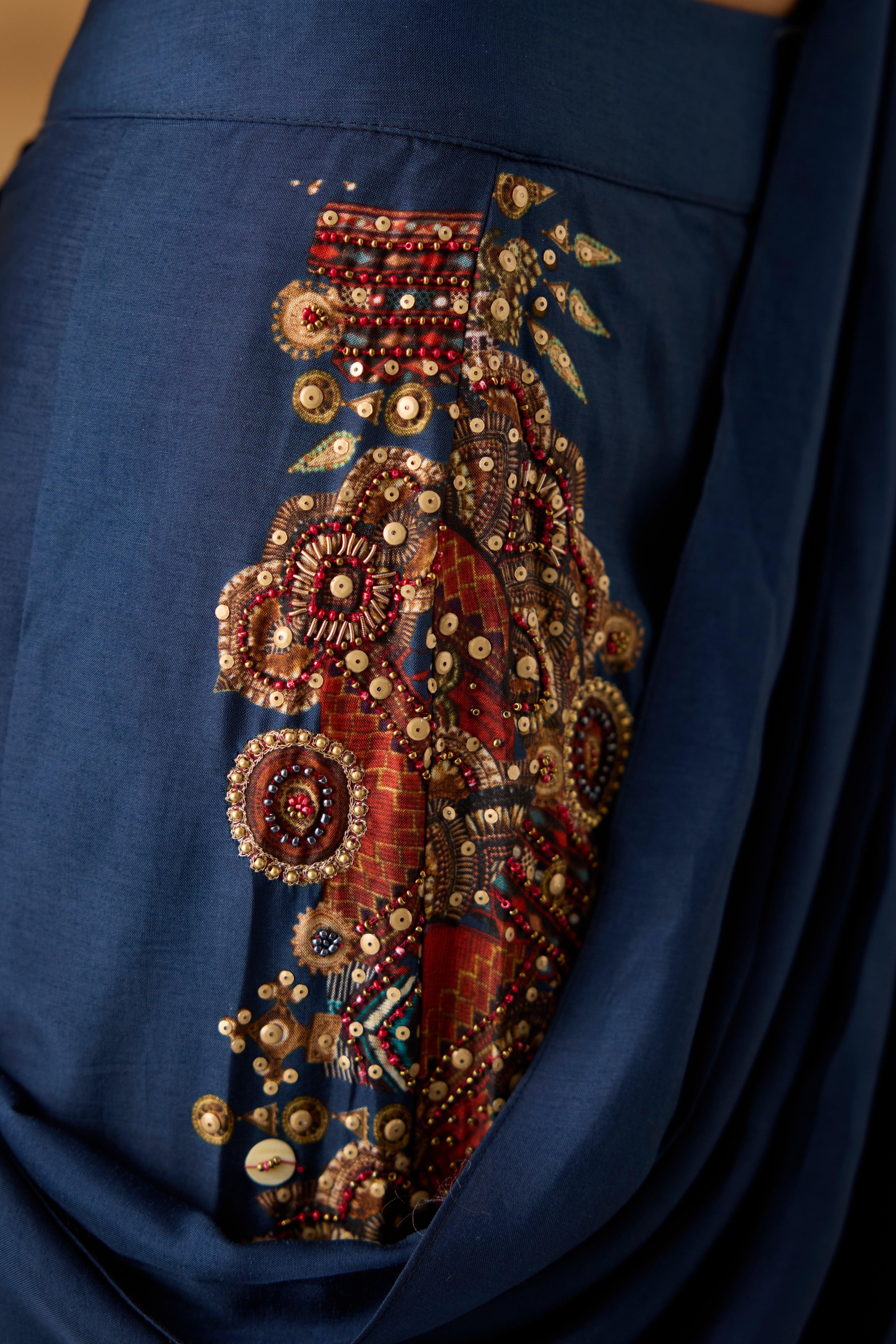 Navy Embellished Georgette Silk Palazzo with Drape
